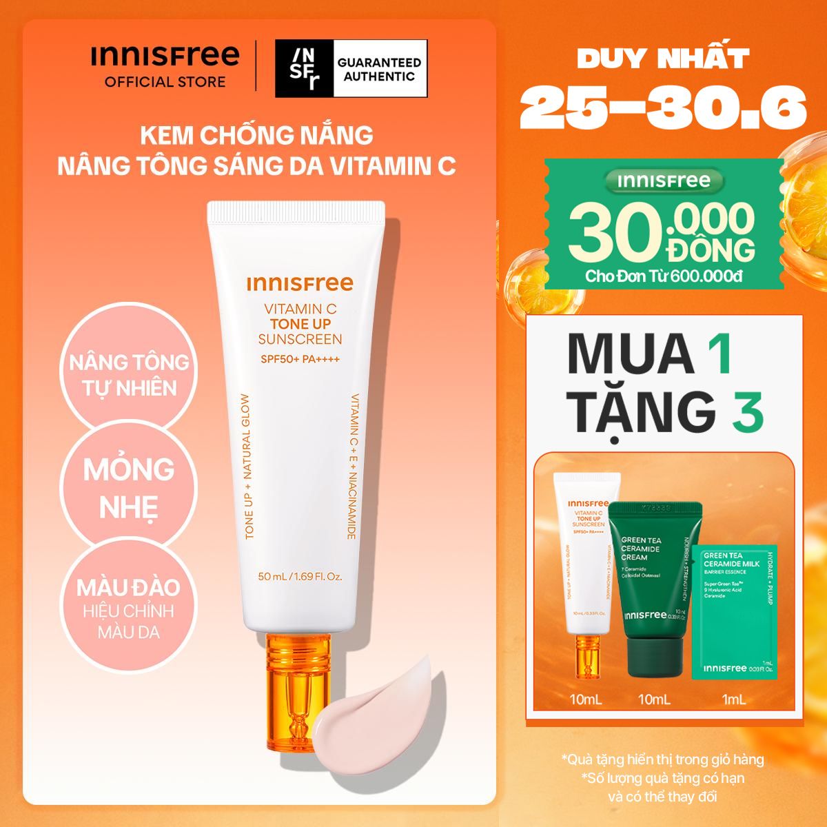 Kem chống nắng nâng tông INNISFREE VITAMIN C TONE UP SUNSCREEN SPF50+ PA++++