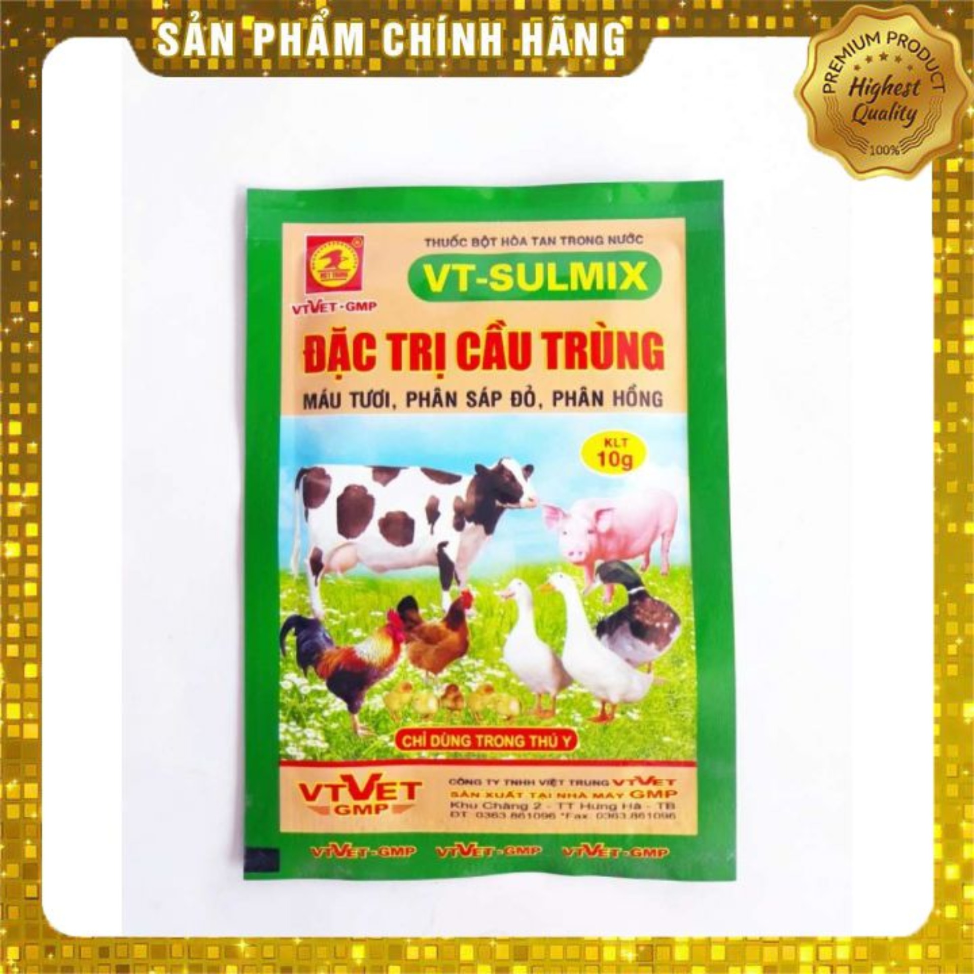 Combo 2 gói thuoc thú y VT-SULMIX (10g) trừ cầu trùng, máu tươi, phân sáp đỏ, phân hồng ở lợn, gà, ngan, vịt, trâu, bò, bê, nghé