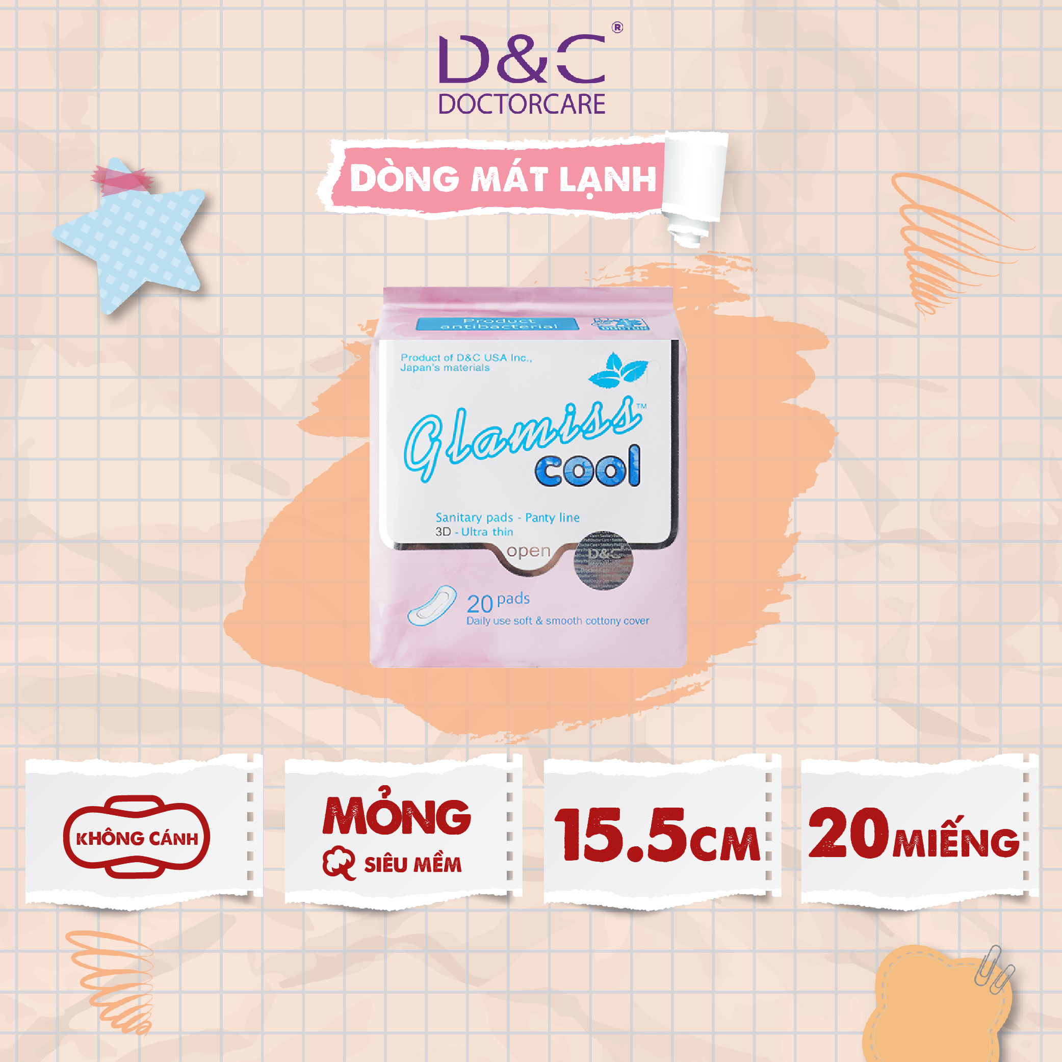 Băng vệ sinh thảo dược Glamiss Cool hàng ngày 16cm, băng vệ sinh Siêu mát lạnh đến không ngờ - Gói 20 miếng