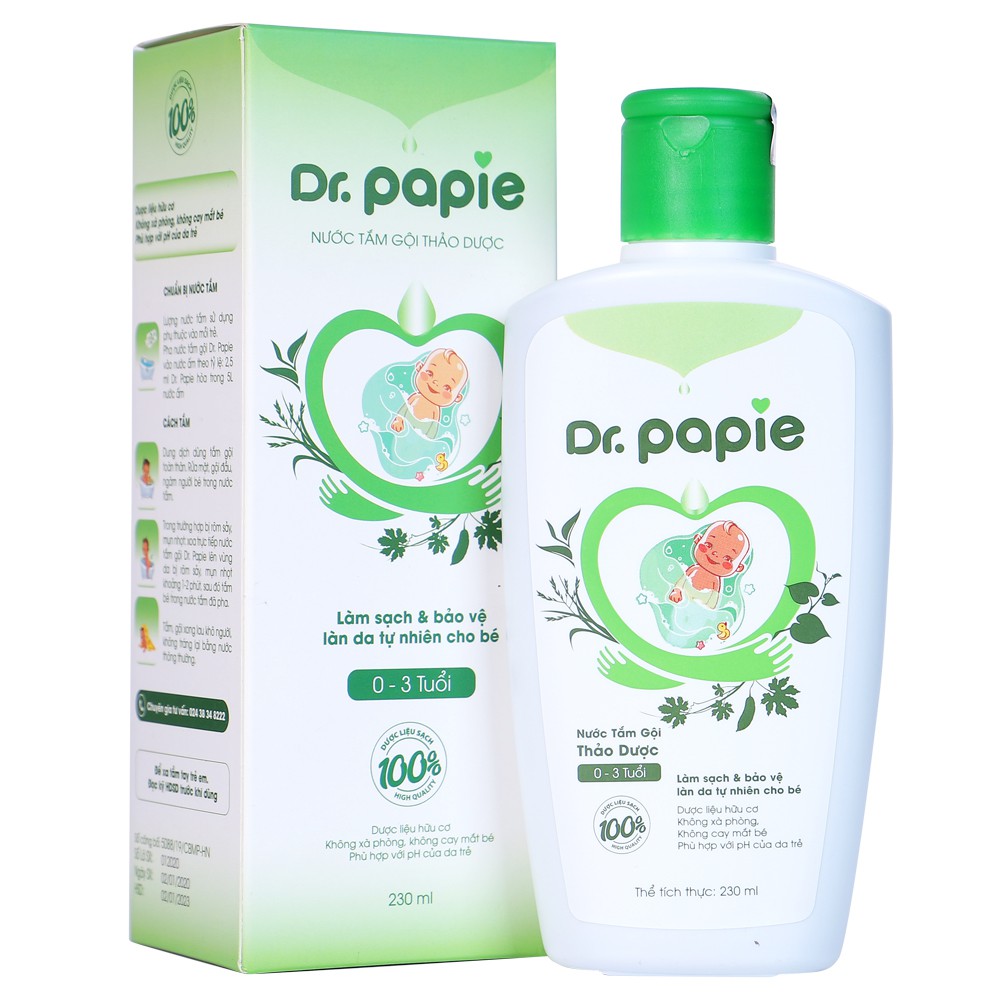 Nước tắm gội thảo dược cao cấp Dr Papie 230ml diệt khuẩn, giảm rôm sảy cho trẻ sơ sinh đến 3 tuổi - Sữa tắm gội cho bé - TINI KIDS PLAZA