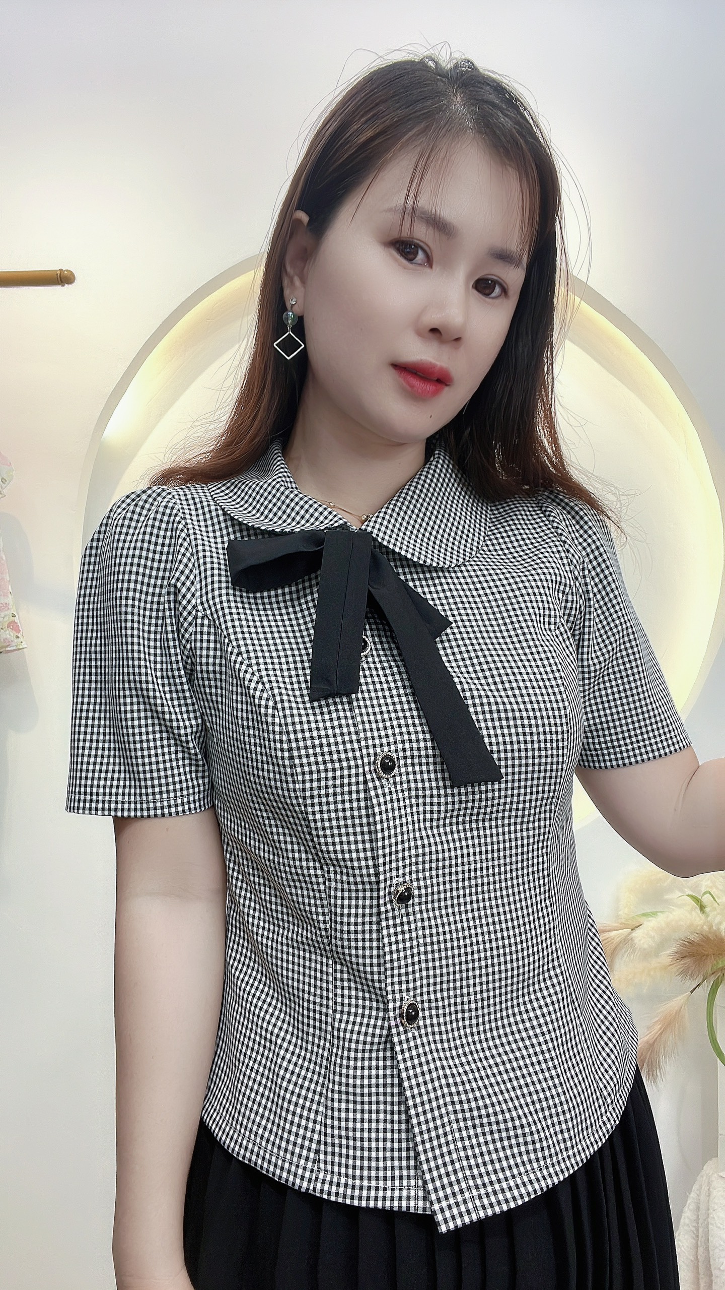 Áo kiểu công sở sọc caro dễ thương