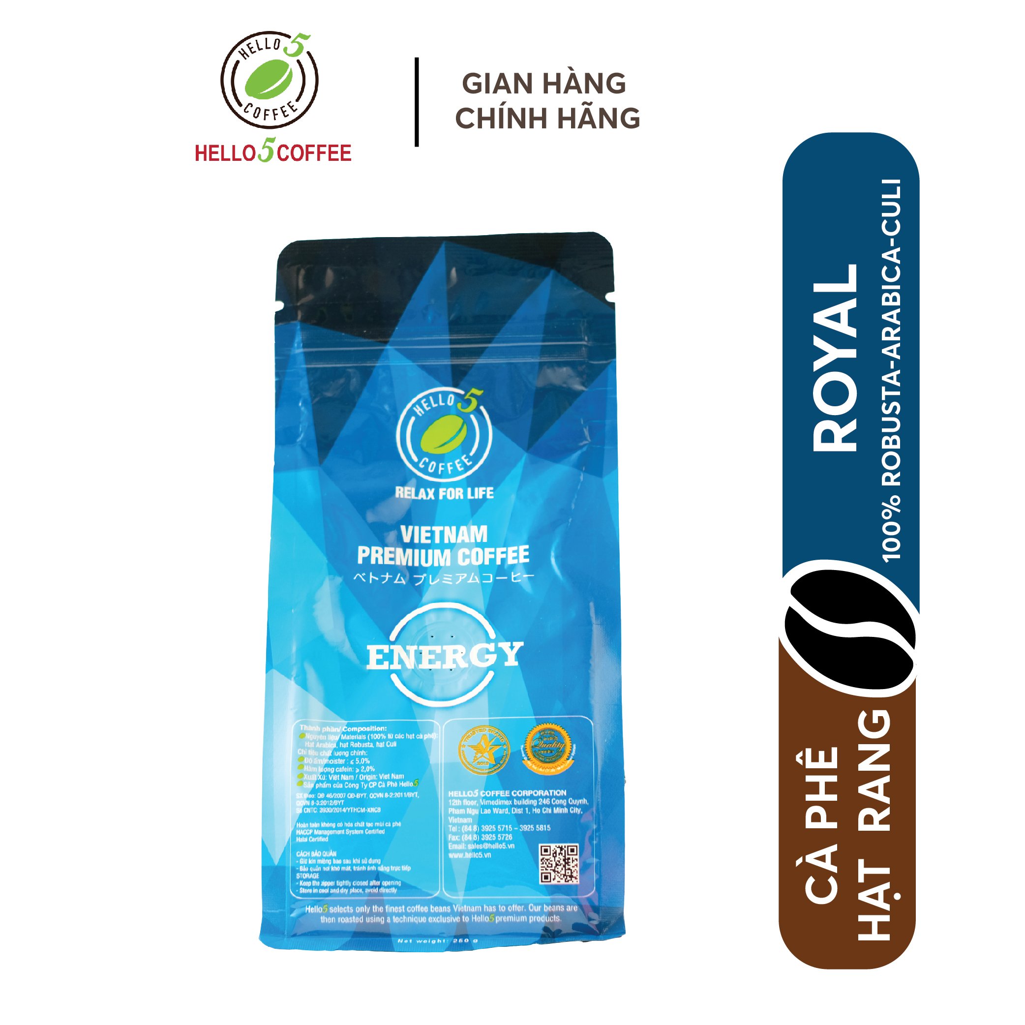 Cà phê nguyên chất túi zipper energy hello 5 coffee - túi 250g
