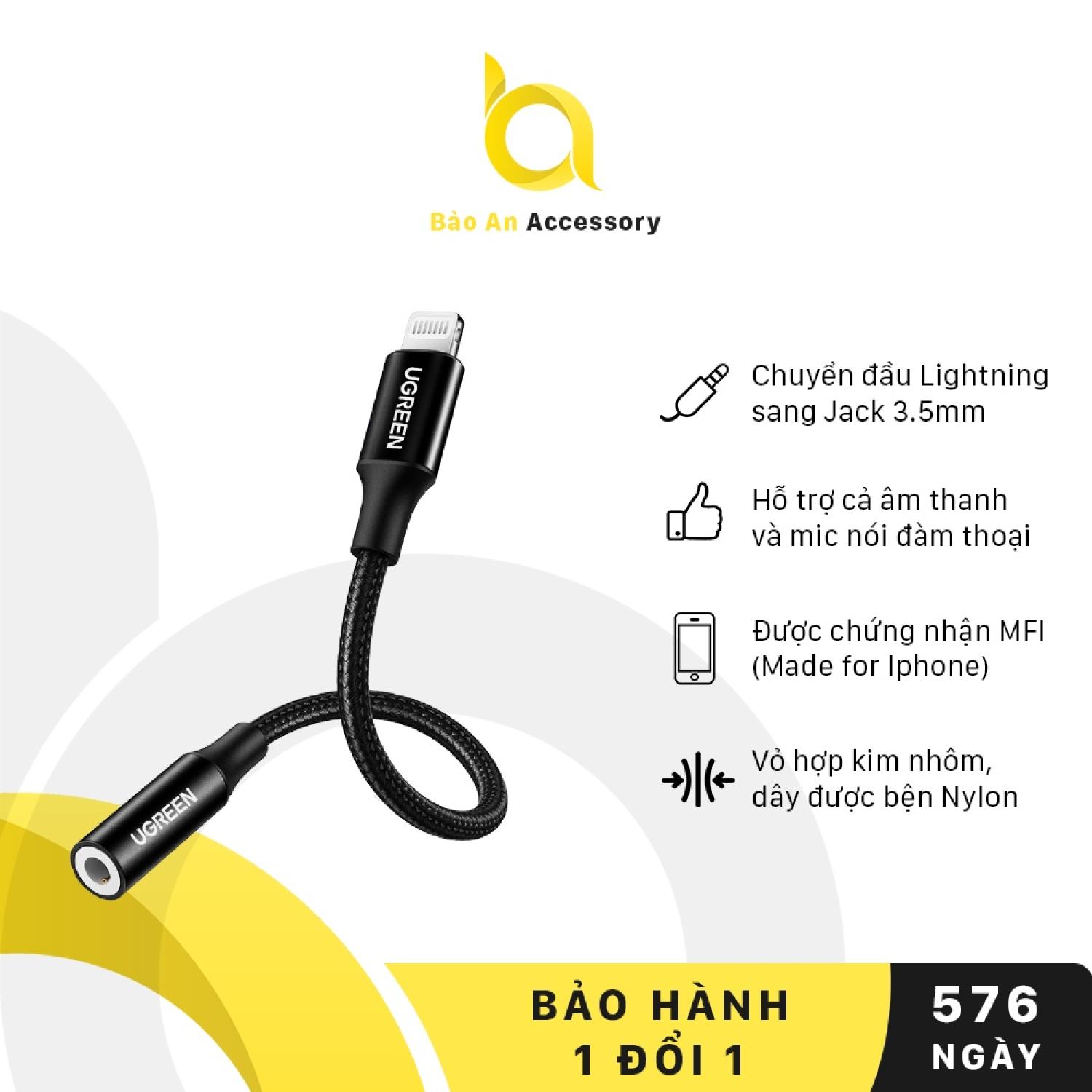 Cáp chuyển đổi đầu lightning sang cổng âm thanh 3.5mm chuẩn mfi ugreen us211 30756 - hàng chính hãng
