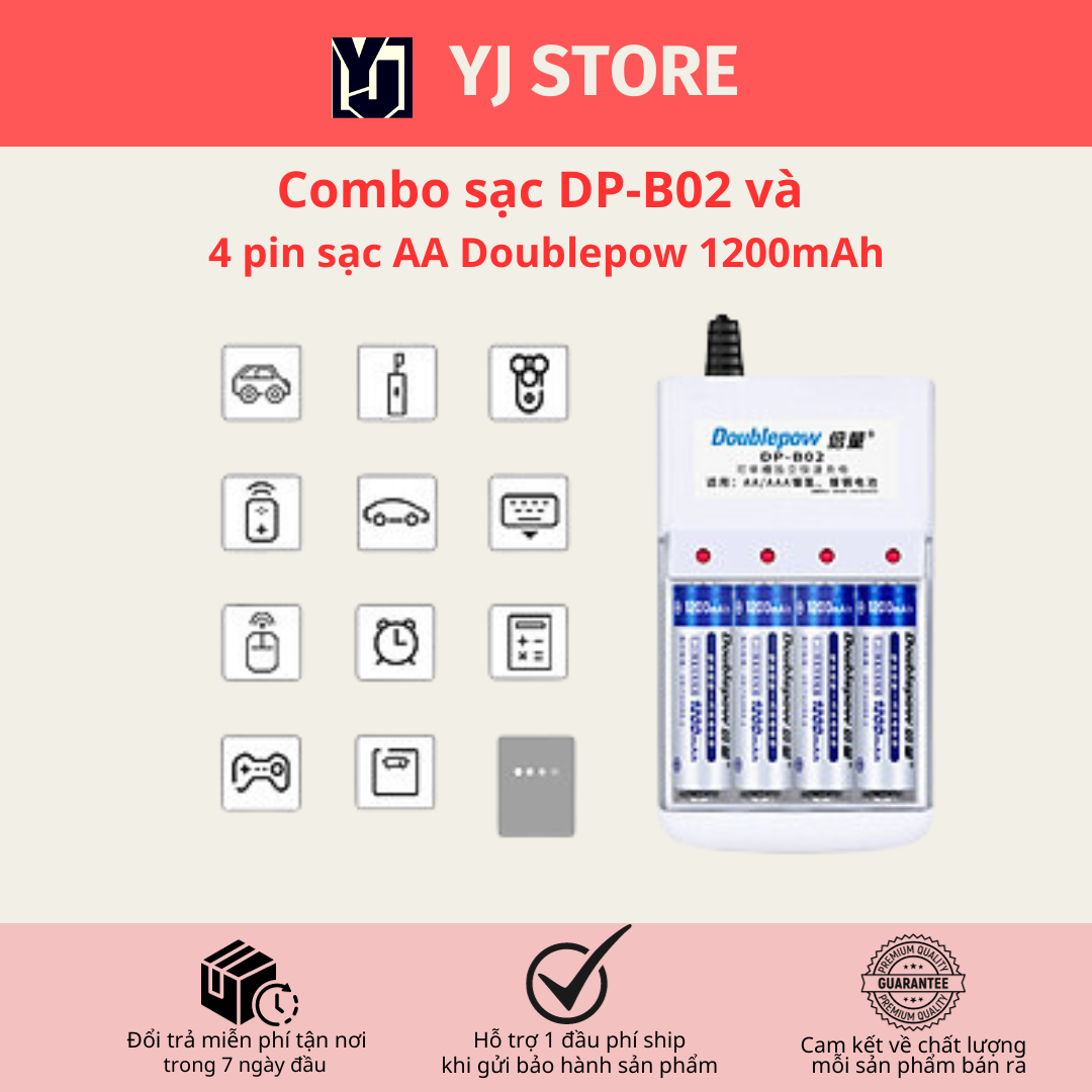 Combo sạc dp-b02 đa năng và 4 pin sạc aa doublepow 1200mah-yj
