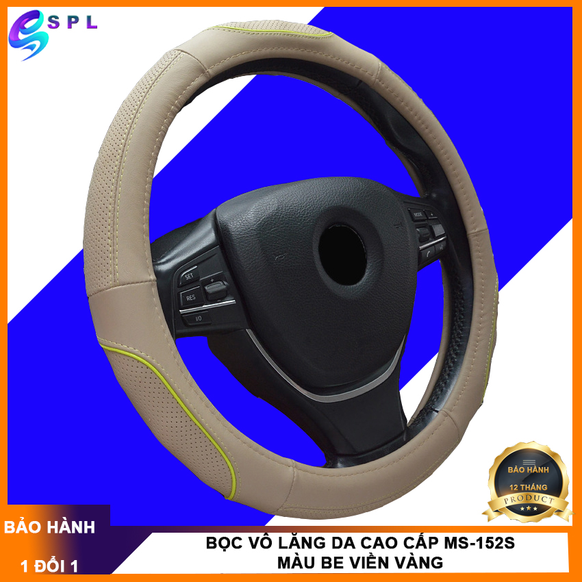 Bọc vô lăng ô tô da THẬT 100% lõi cao su tự nhiên MS152B -Size M - cho xe từ 4 đến 7 chỗ ,Bọc vô lăng cá tính thoáng khí( Màu Bè Viền Vàng ))