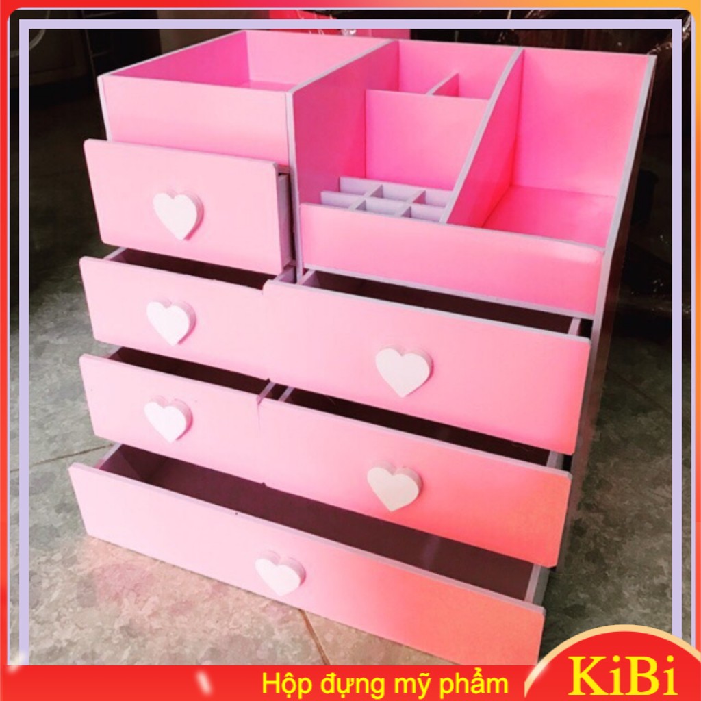 Kệ đựng mỹ phẩm 6 ngăn màu hồng núm trái tim siêu đẹp cho chị em đựng đồ