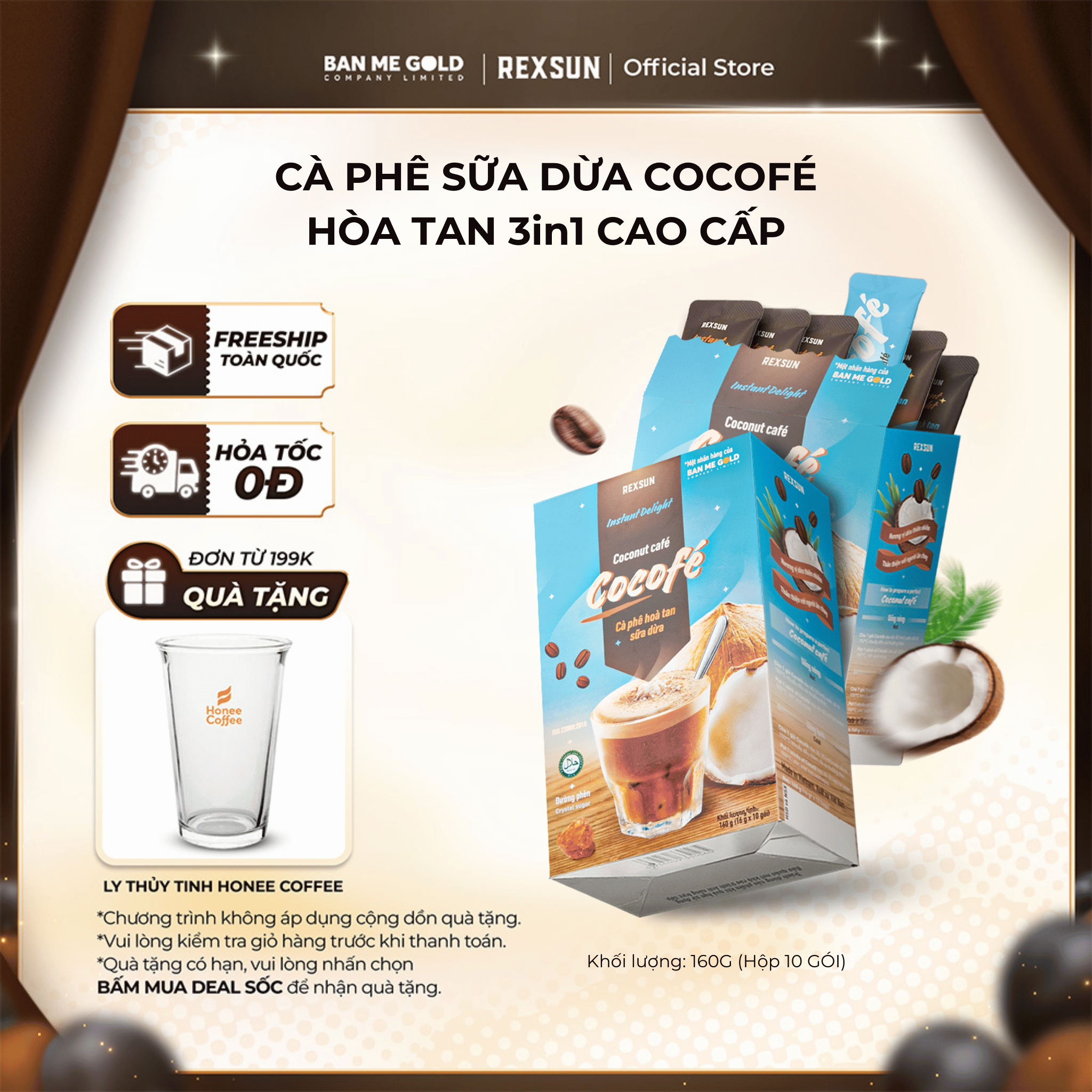   TẶNG QUÀ  Cà Phê Sữa Dừa Cocofe - Hộp 160gr  10 Gói  - Coconut Cafe Hòa Tan Chính Hãng Ban Me Gold - REXSUN 