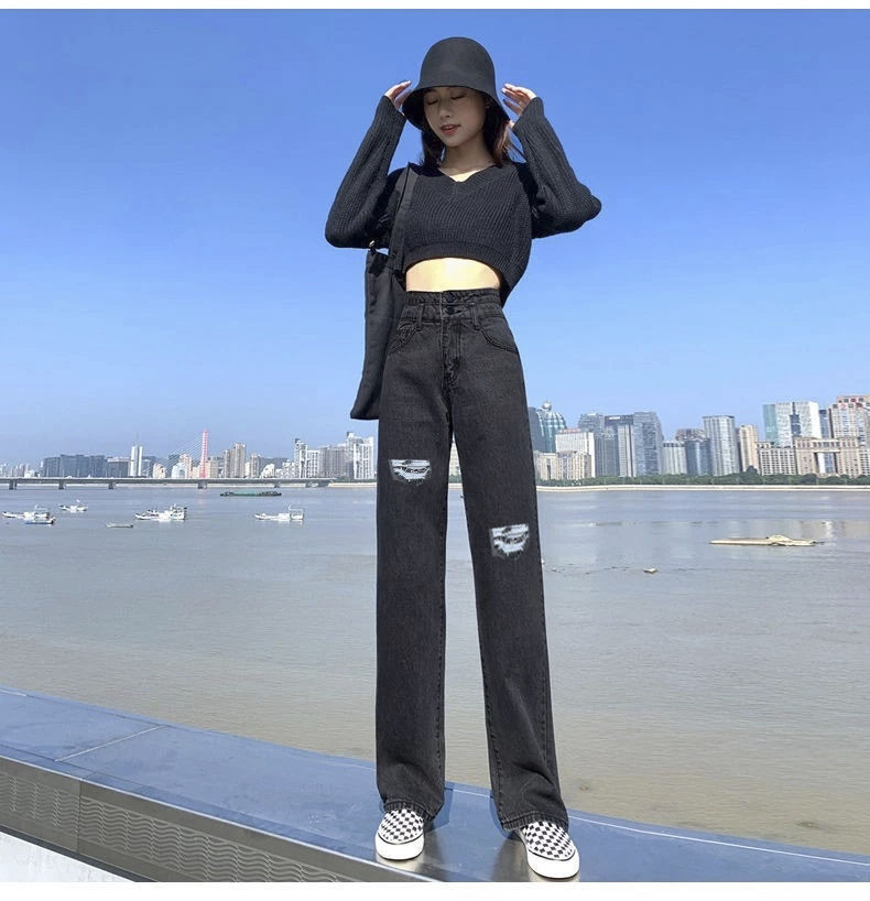 Quần bò ống rộng nữ màu xám khói lưng cao 2 nút phối tua rách 2 bên đùi mẫu mới siêu hót tại Pinky79shop jnm03