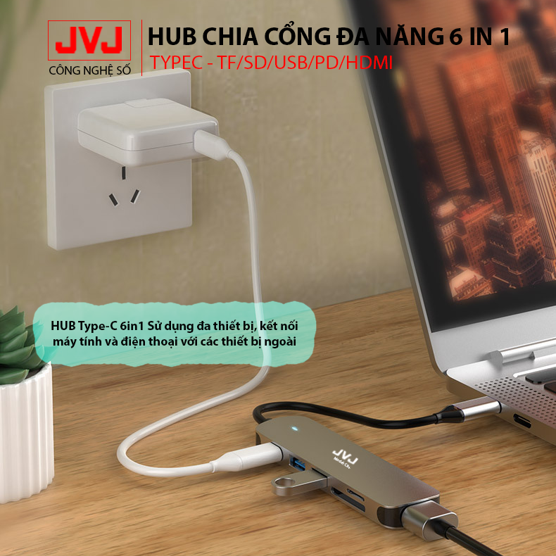 Bộ chuyển đổi đầu đọc đa năng USB Type-C 6in1 JVJ C6 Plus 4K HDMI USB 3.0 cho MacBook, Dell XPS 13 thiết bị hỗ trợ USB type C chia cổng Type-C sang USB 3.0 SD, USB 2.0, Type C, TF, 4K HDMI, tốc độ cao thích hợp cho Laptop, Macbook