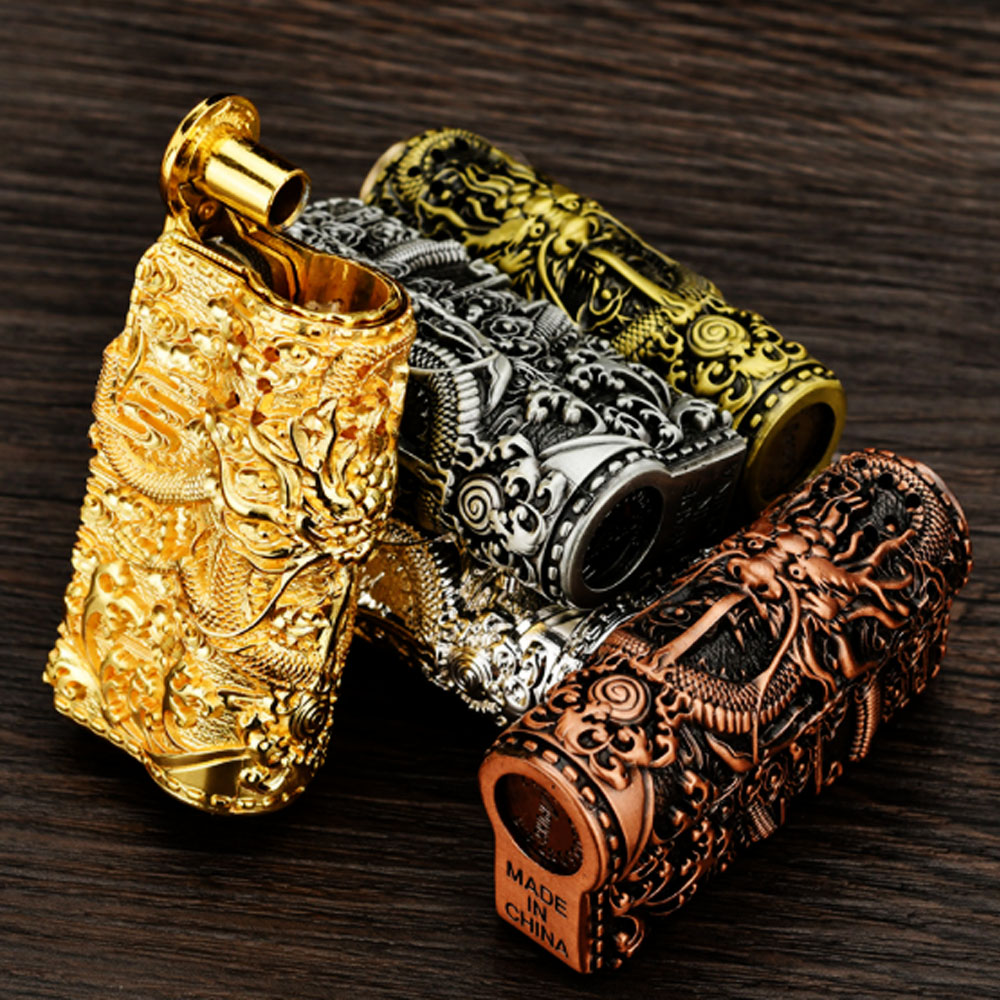 Bật lửa xăng đá bấc - kim loại sài xăng - áo giáp rồng sài -2 màu vàng ánh kim và vàng đồng xăng full hộp.