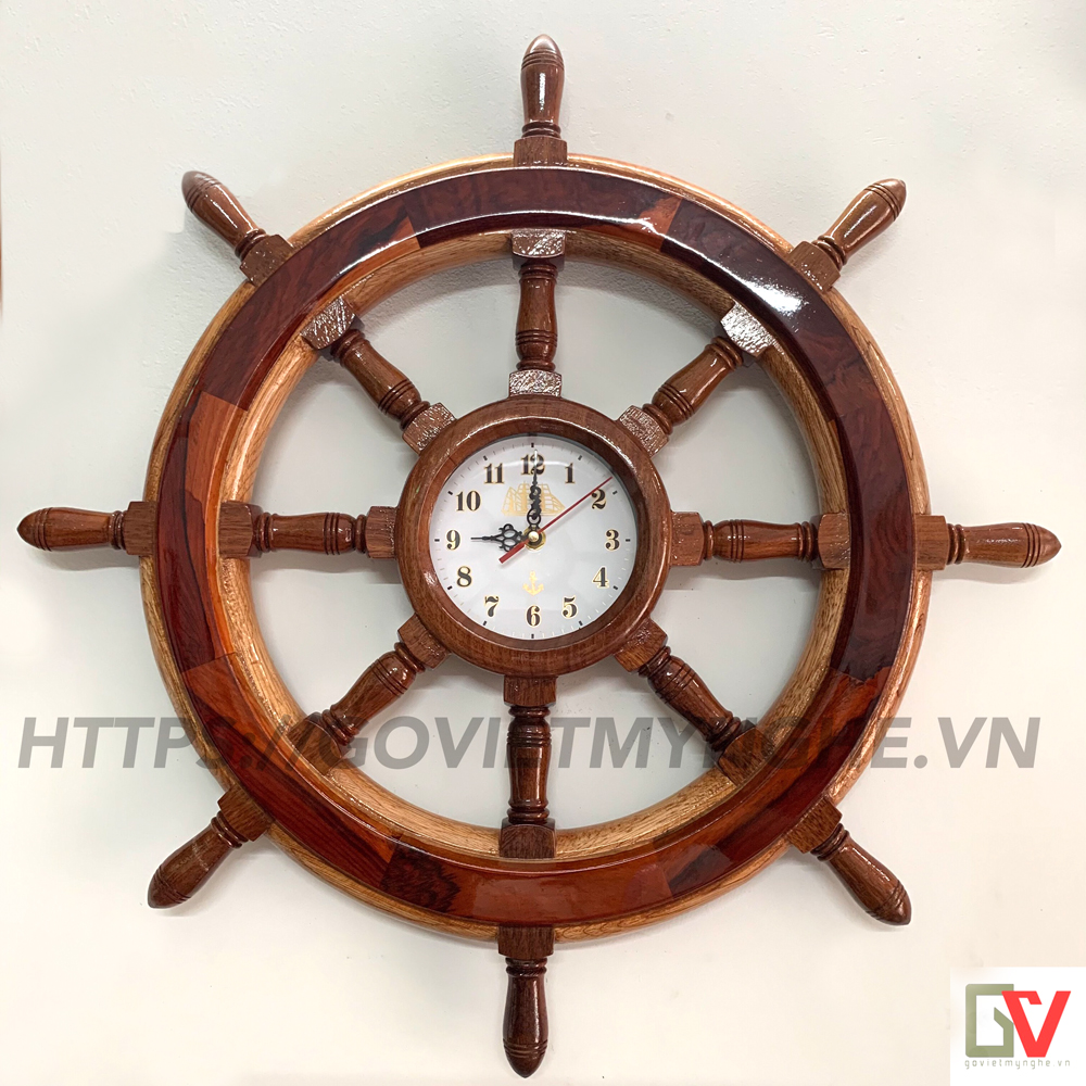 [HCM]Vô Lăng Tàu Gỗ Trang Trí Ø50cm - Bánh lái tàu gỗ treo tường Ø50cm kèm đồng hồ - Gỗ căm xe