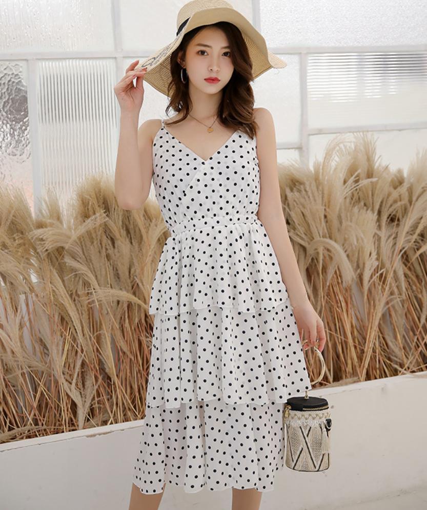 Váy Ba Tầng Hai Dây Chấm Bi HLDN051 Hoa Lan