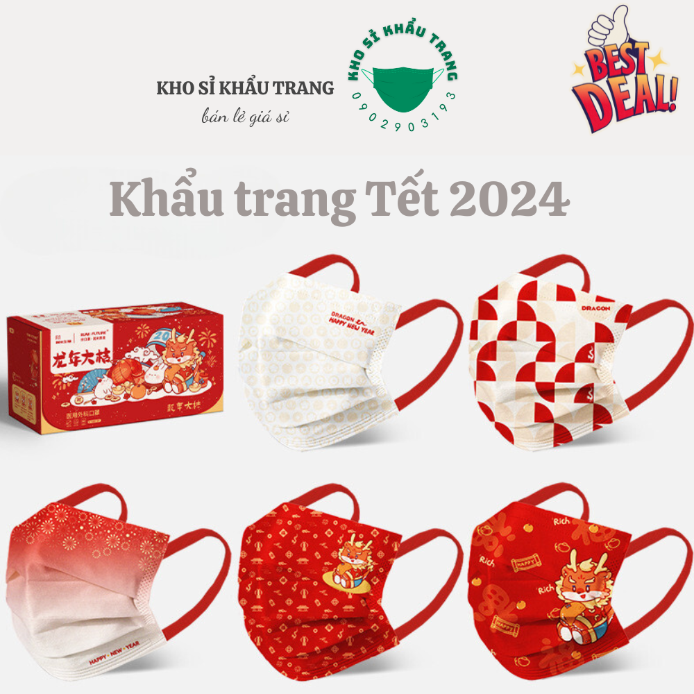 Hộp 30 cái khẩu trang Tết 2024 năm con rồng