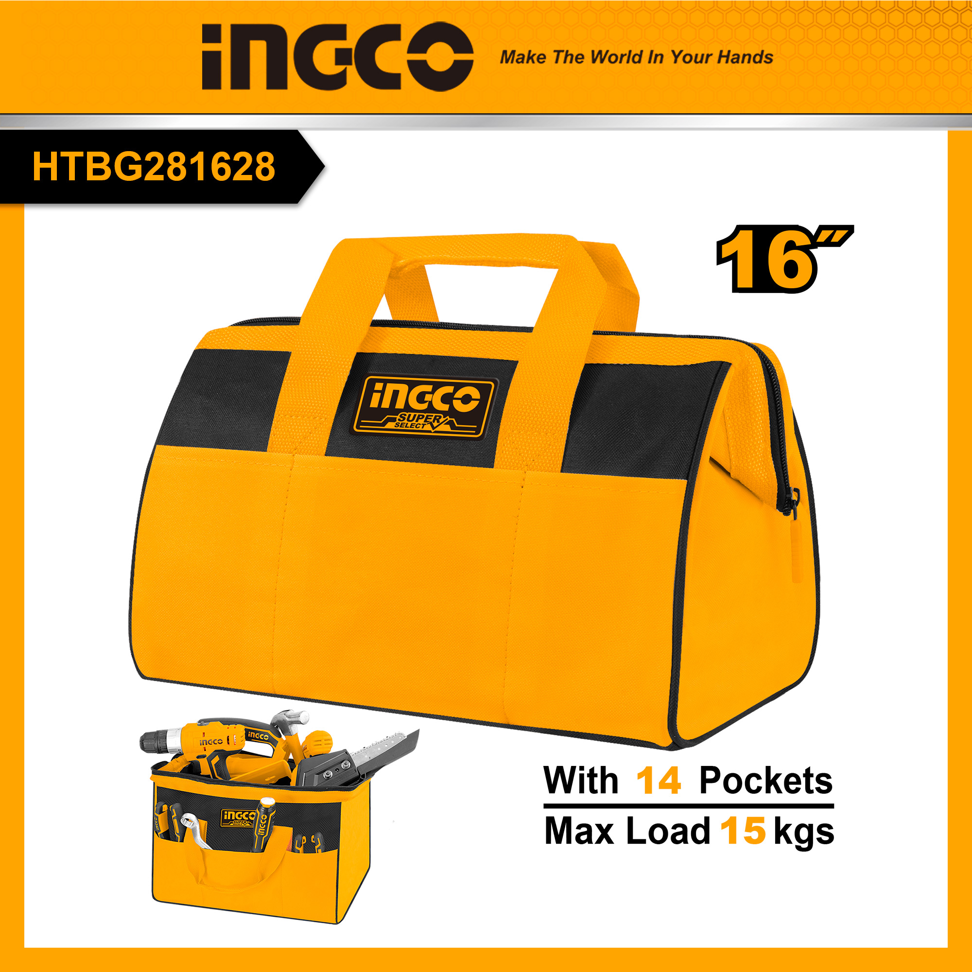 Ingco túi đựng đồ 16 inch/13 inch có 6 ngăn túi bên ngoài thùng đồ nghề htbg281628/htbg281328