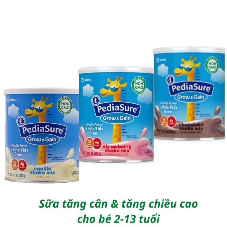 Sữa bột tăng cường miễn dịch, tăng cân, tăng chiều cao P.e.d.i.a.s.u.r.e G.r.o.w & G.a.i.n hươu cao cổ của Mỹ hộp 397gr hương vani, socola, dâu