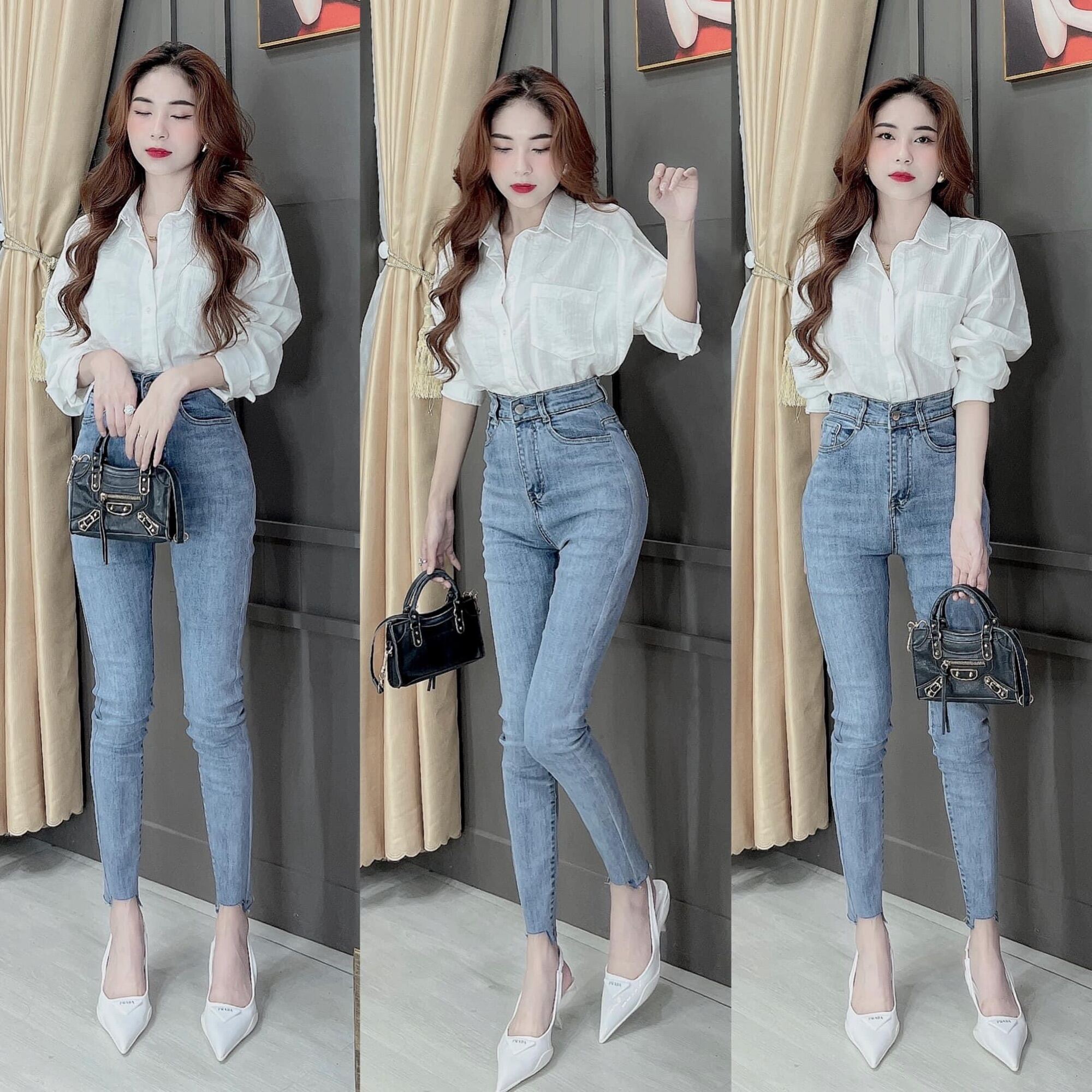 Set jeans dài co giãn trơn + sơ mi tay dài 1 túi