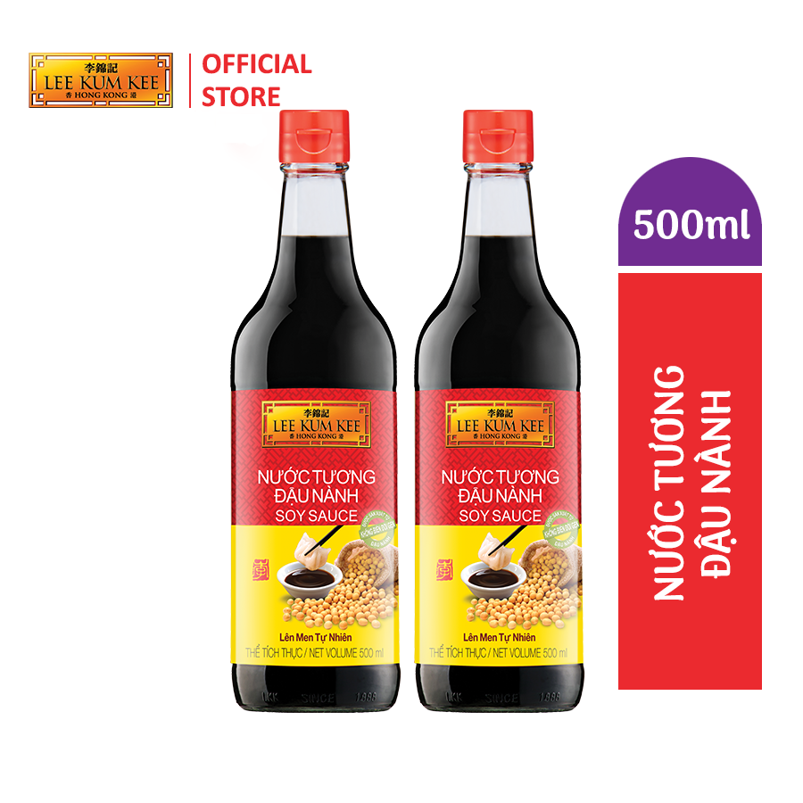 Nước tương Lee Kum Kee Soy Sauce (Combo 2 chai thủy tinh 500ml) được sản xuất từ đậu nành nguyên hạt không biến đổi gen