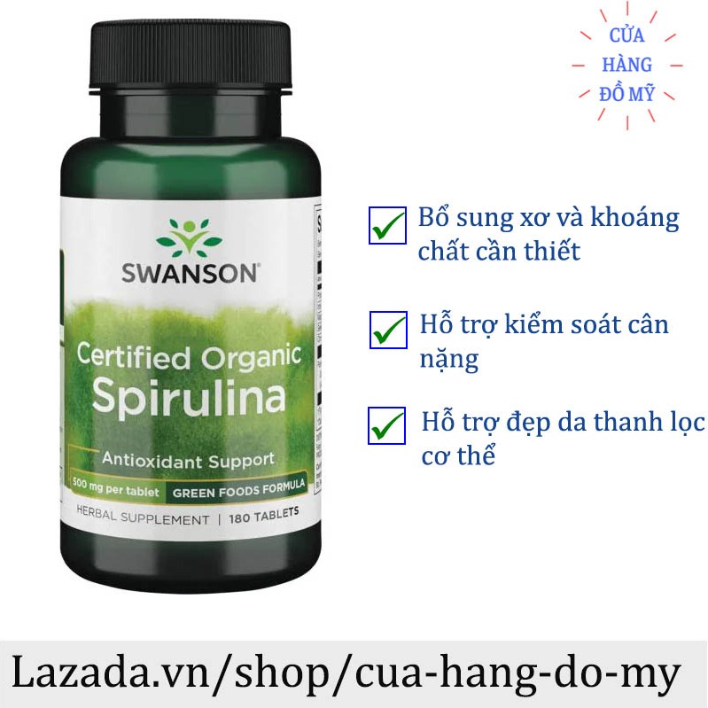Viên Uống Tảo Xoắn Hữu Cơ Swanson Certified Organic Spirulina 500mg 180