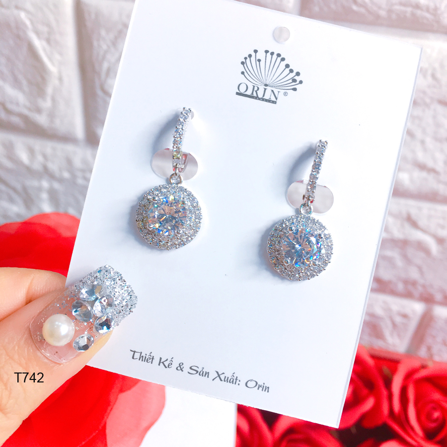 Bông tai bạc khuyên tai dài tòn ten tròn đính đá cao cấp Orin T742 - Long Tien