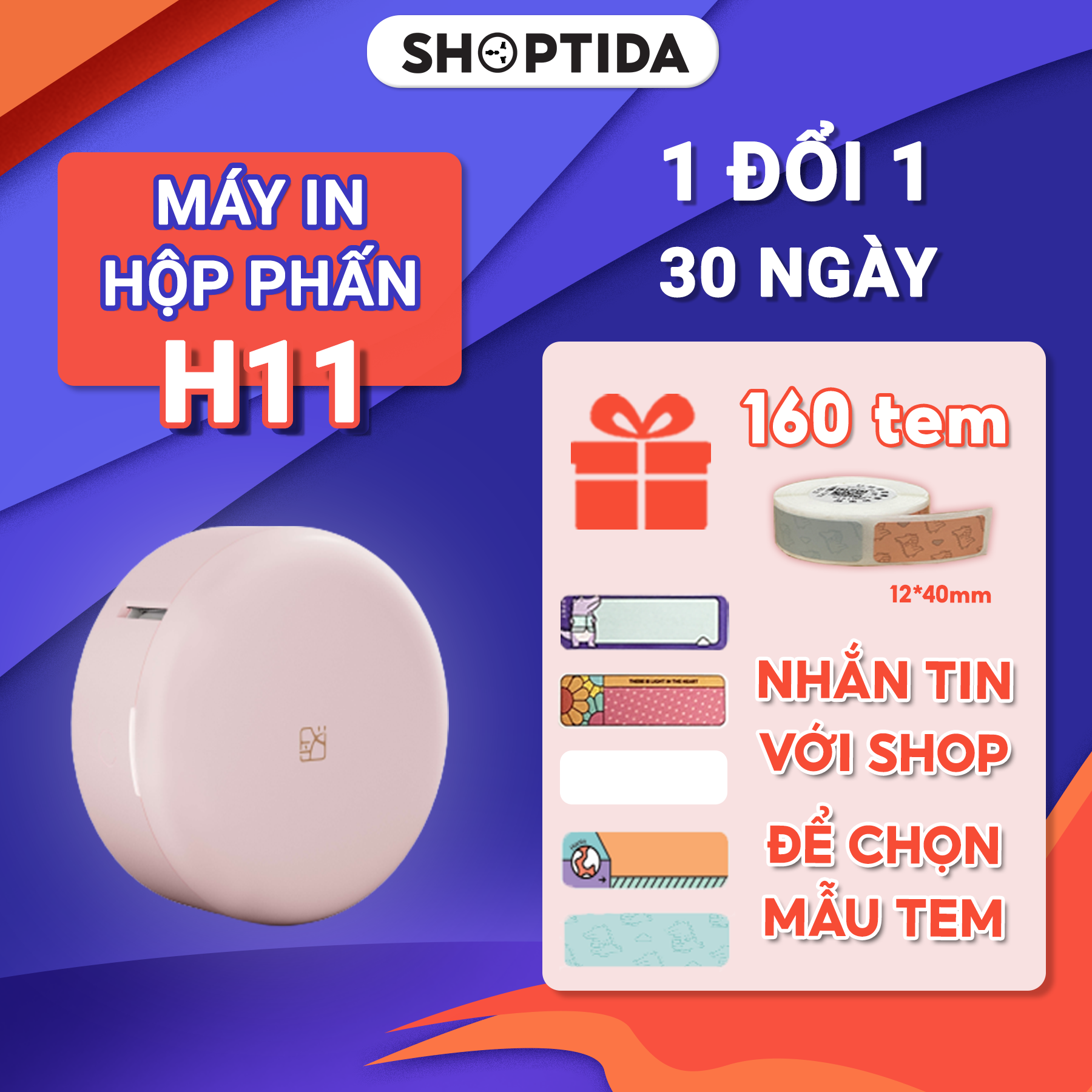 Máy in tem nhãn Shoptida H11 kết nối bluetooth, thiết kế hình hộp phấn hồng nhỏ gọn có kèm tem nhãn bảo hành 12 tháng