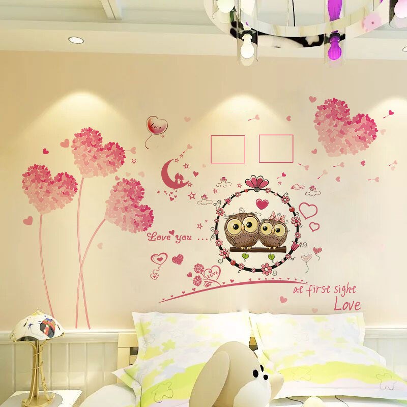 Decal dán tường Hoa trái tim và đôi chim - P1H57- vivadecal