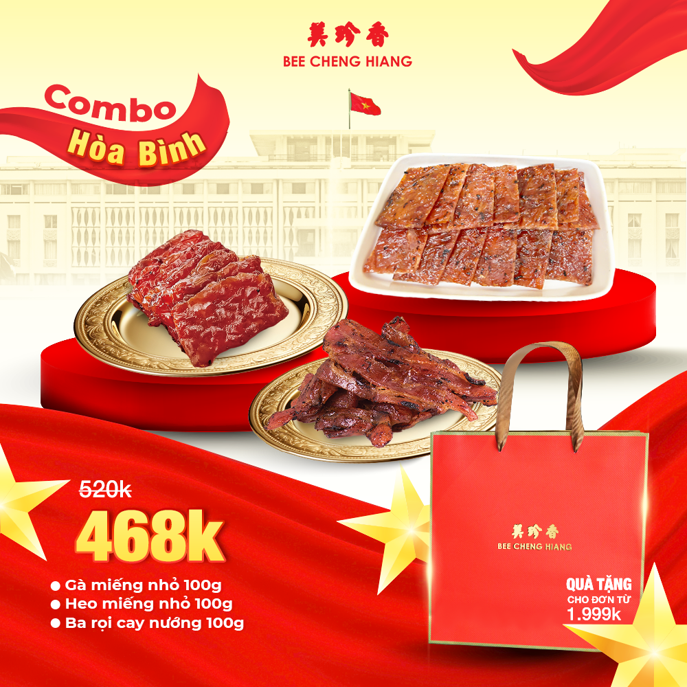 [COMBO HÒA BÌNH] Bee Cheng Hiang [Gà Miếng Nhỏ 100g + Heo Miếng Nhỏ 100g + Ba Rọi Cay Nướng 100g] - Bakkwa Singapore