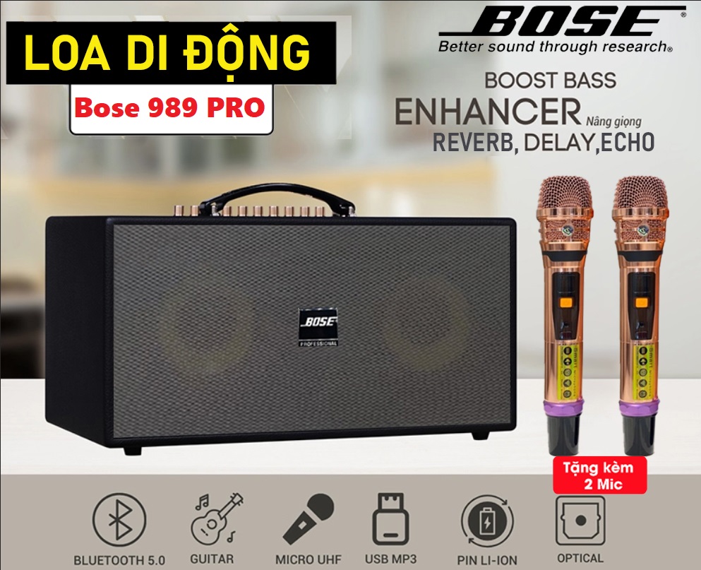 Loa Karaoke Xách Tay Bose Chất Lượng Cao – Loa Bluetooth Xách Tay Bose 989 Pro – Hàng Chính Hãng – Công Xuất Loa Lớn,Bluetooth 5.0,Hệ Thống Loa Gồm 2 Bass 16.5cm - 1 Trung,1 Treble,Tích Hợp Vang Số Chỉnh Cơ Bass Treble,Echo Reverb.