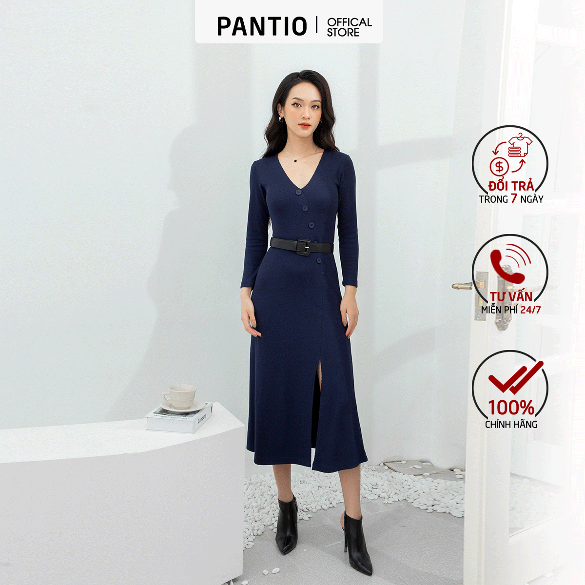 Đầm len dáng xuông, cúc ngực, xẻ tà trước cổ tim fdp72825 - pantio