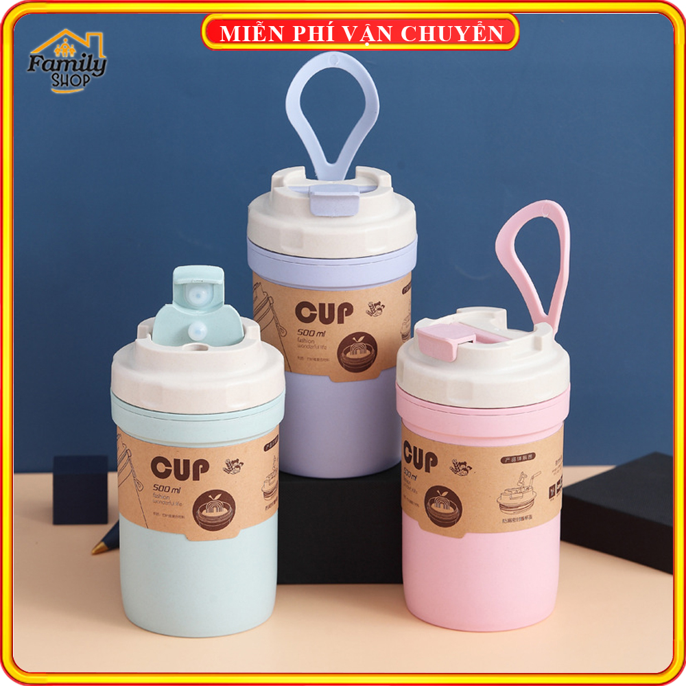 Bình nước 2 lớp 500ml nhựa lúa mạch cao cấp - Tặng kèm muỗng