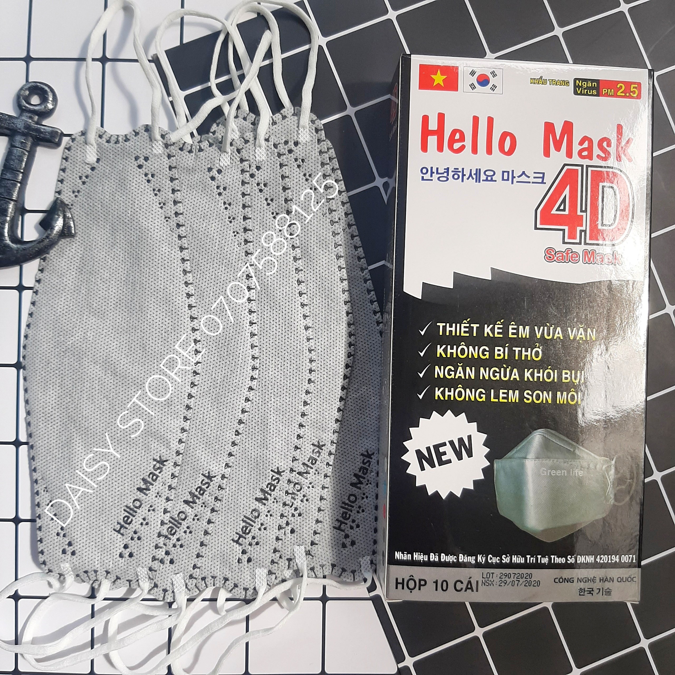 [Xám] Hộp 10 cái khẩu trang HELLO MASK 4D cao cấp đạt chuẩn Hàn Quốc