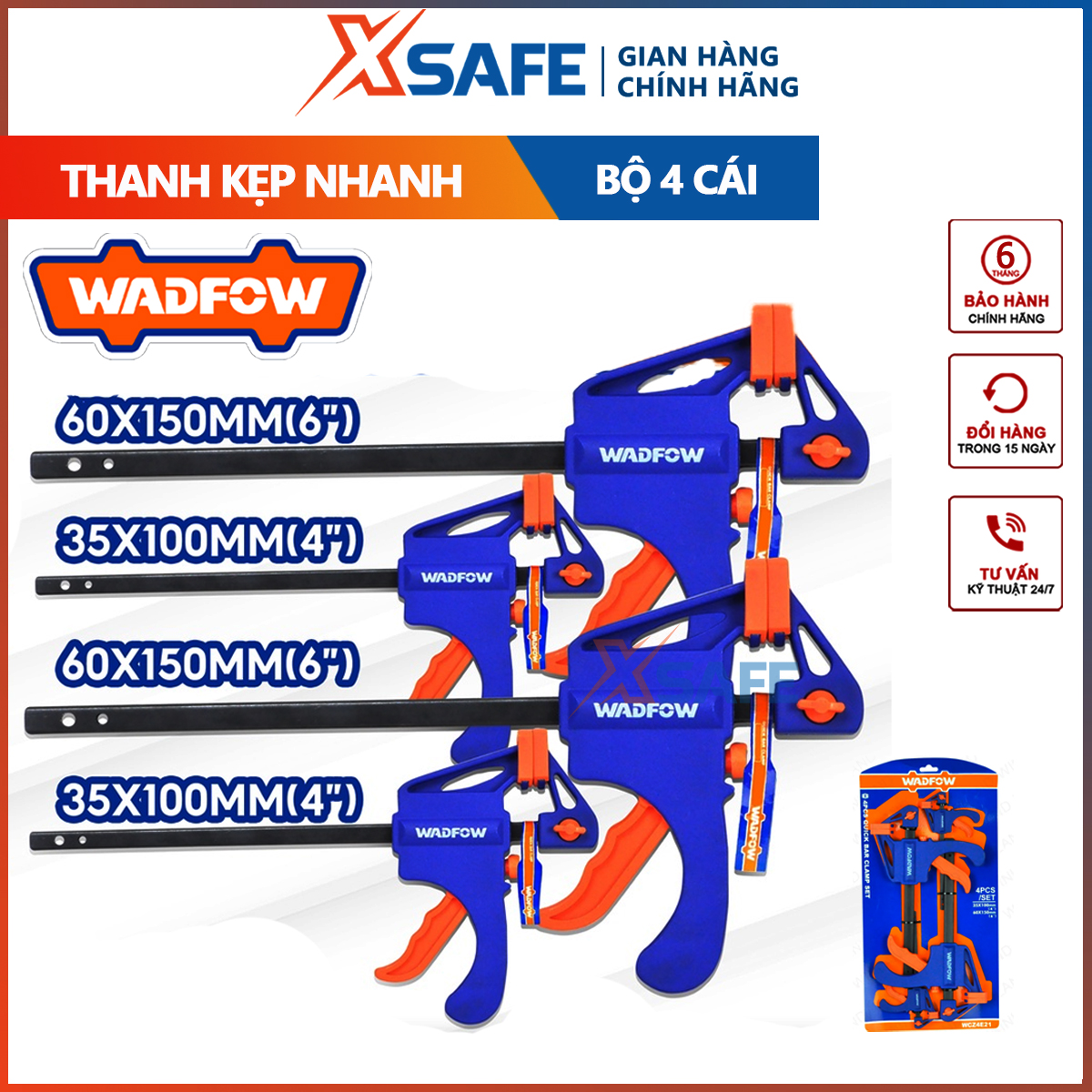 Bộ 4 thanh kẹp nhanh WADFOW Bộ 4 thanh kẹp nhanh gồm 2 kẹp 4 inch, 2 kẹp 6 inch , thân nhựa cứng, thanh kẹp mạ đen - chính hãng