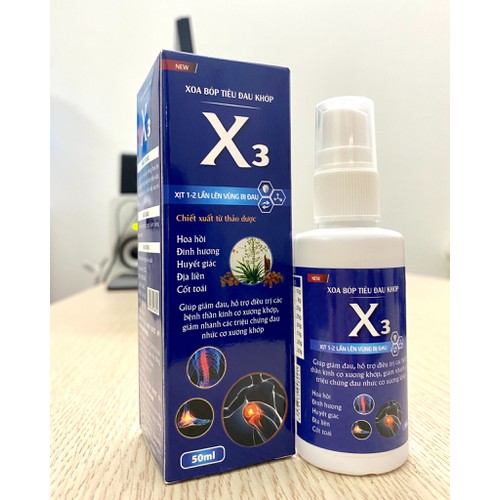 Xoa Bóp Tiêu Đau Khớp X3- Giúp giảm nhanh một số cơn đau nhức cơ bắp, bong gân, trật khớp,- 50ml - Xịt Xoa Bóp Tiêu Đau Khớp X3
