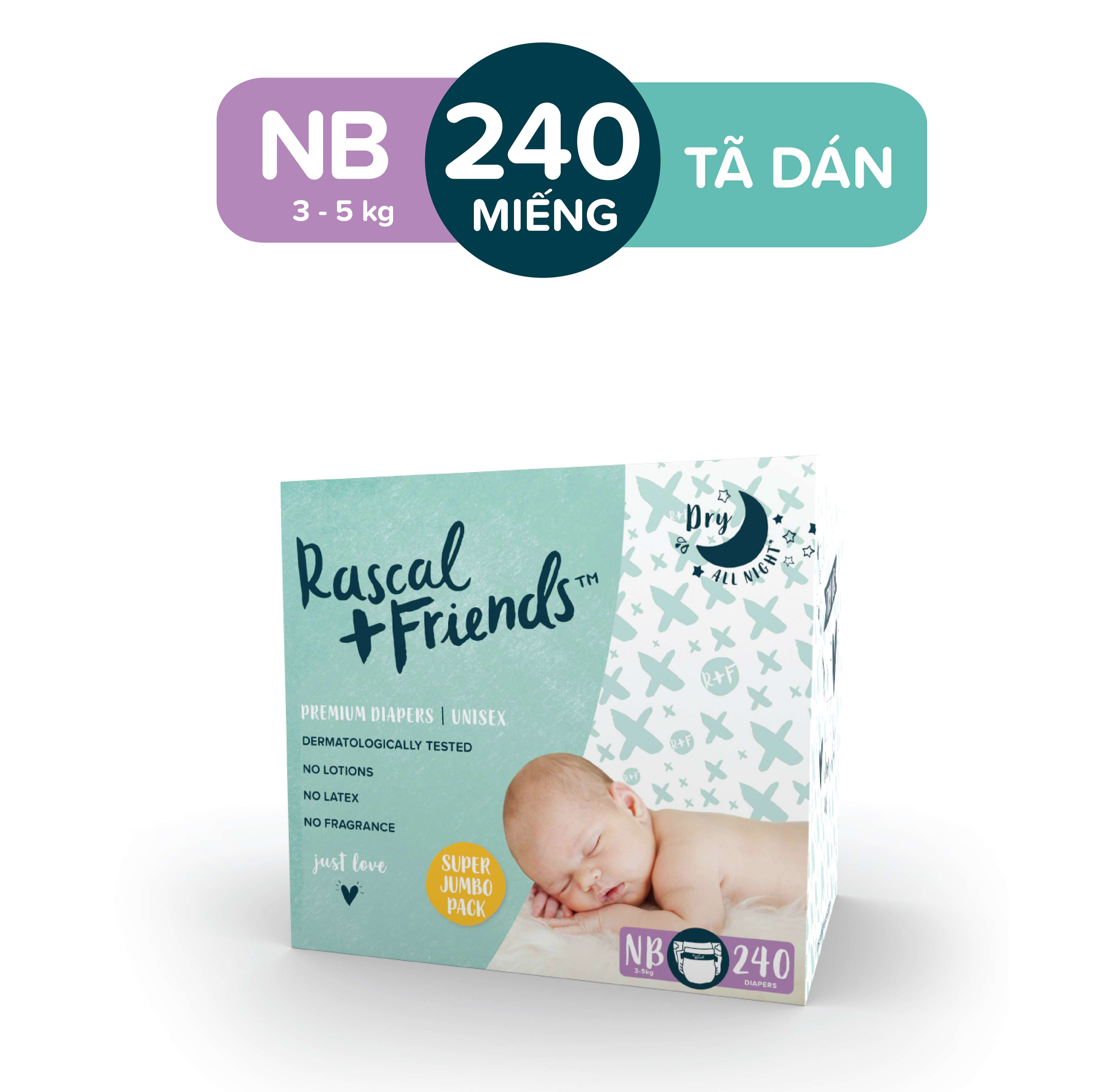 Thùng 3 bịch tã/bỉm dán rascal + friends size nb 240 miếng