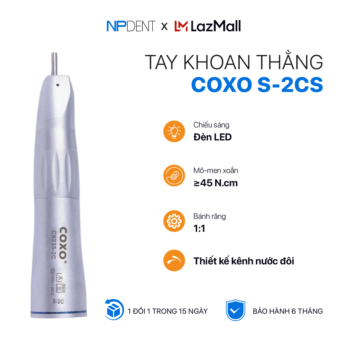 Tay khoan nha khoa coxo enpis s-2cs, tay khoan thẳng npdent phiên bản mới nhất tích hợp tia nước bên ngoài sử dụng trong môi trường vô trùng, đáp ứng đa dạng kỹ thuật nha khoa, bảo hành 3 tháng