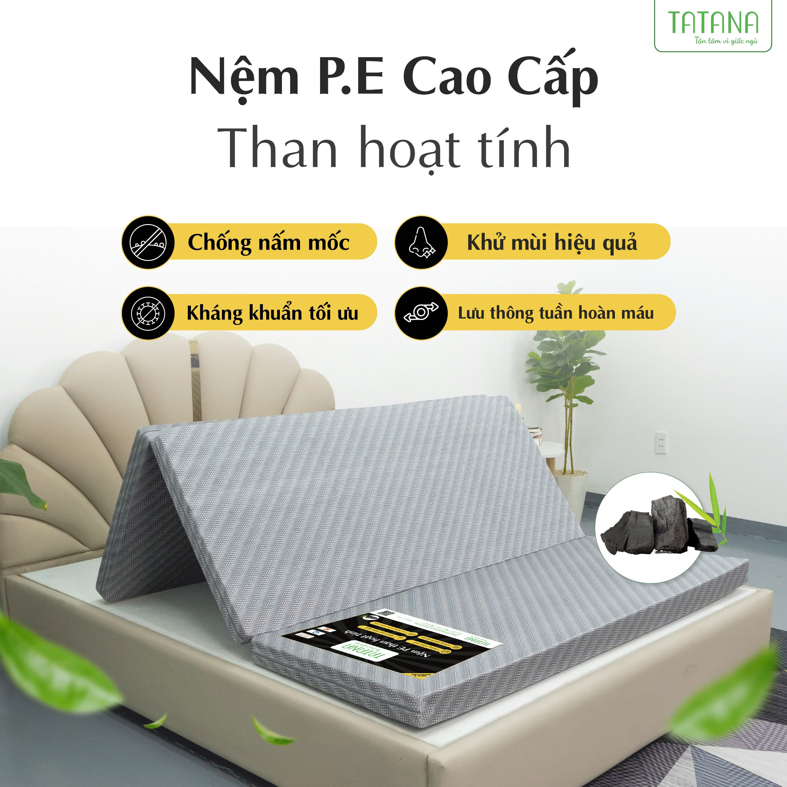 Nệm PE Than Hoạt Tính Gấp 3 Tatana- Độ cao 9cm  – Vải Valize Cao Cấp – Kháng Khuẩn, Thoáng Mát