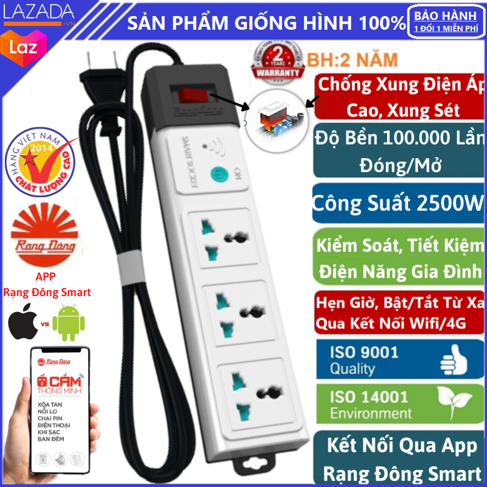 Ổ cắm điện thông minh rạng đông oc02.wf 3c/3m/10a || kết nối wifi/4g, hẹn giờ, bật tắt ổ cắm từ xa qua app rạng đông, chống xung điện, xung sét, ổ cắm wifi , ổ cắm thông minh , ổ cắm wifi rạng đông , ổ cắm wifi thông minh