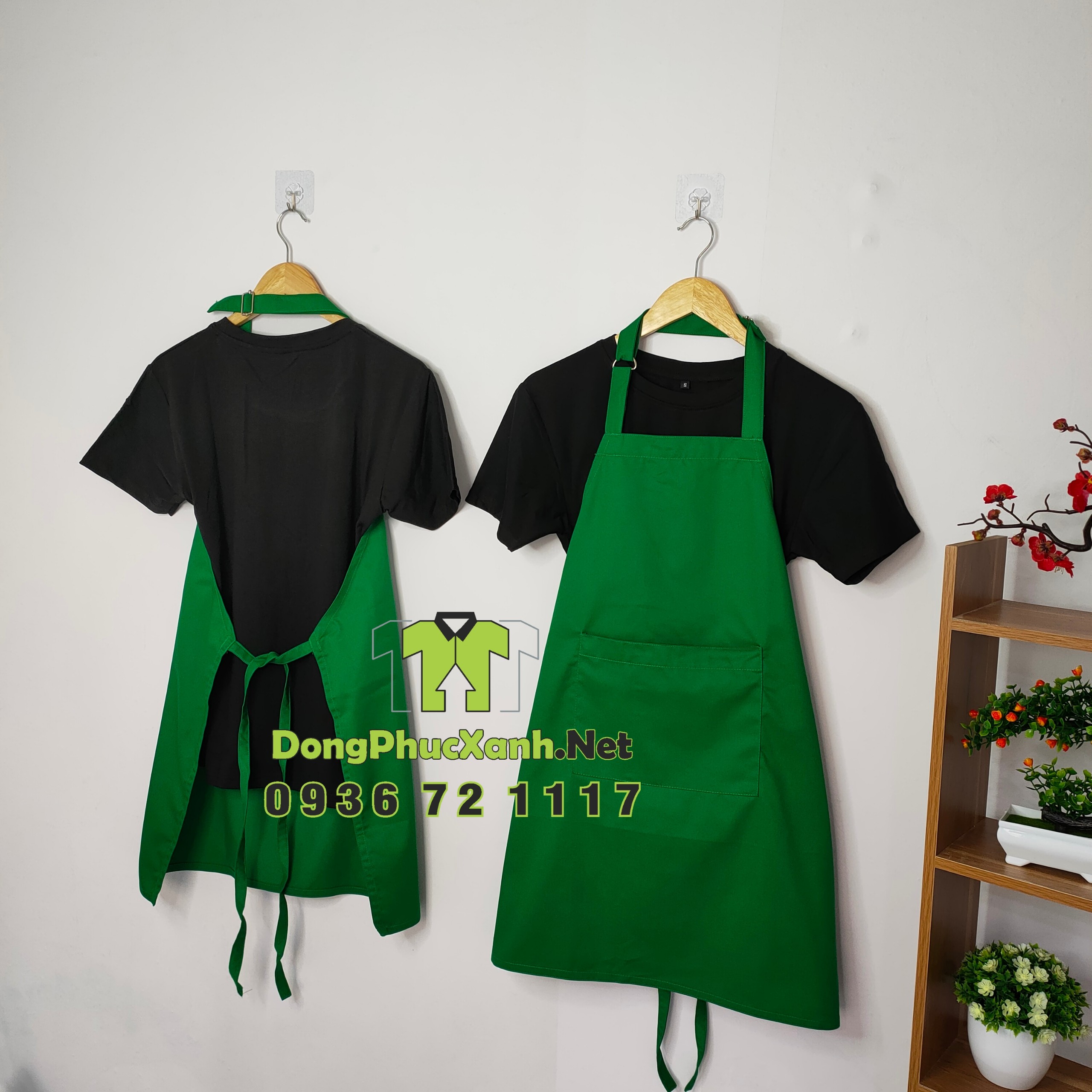 Tạp dề màu xanh chất đẹp cho nam nữ có túi làm đồng phục nhân viên phục vụ pha chế bán hàng