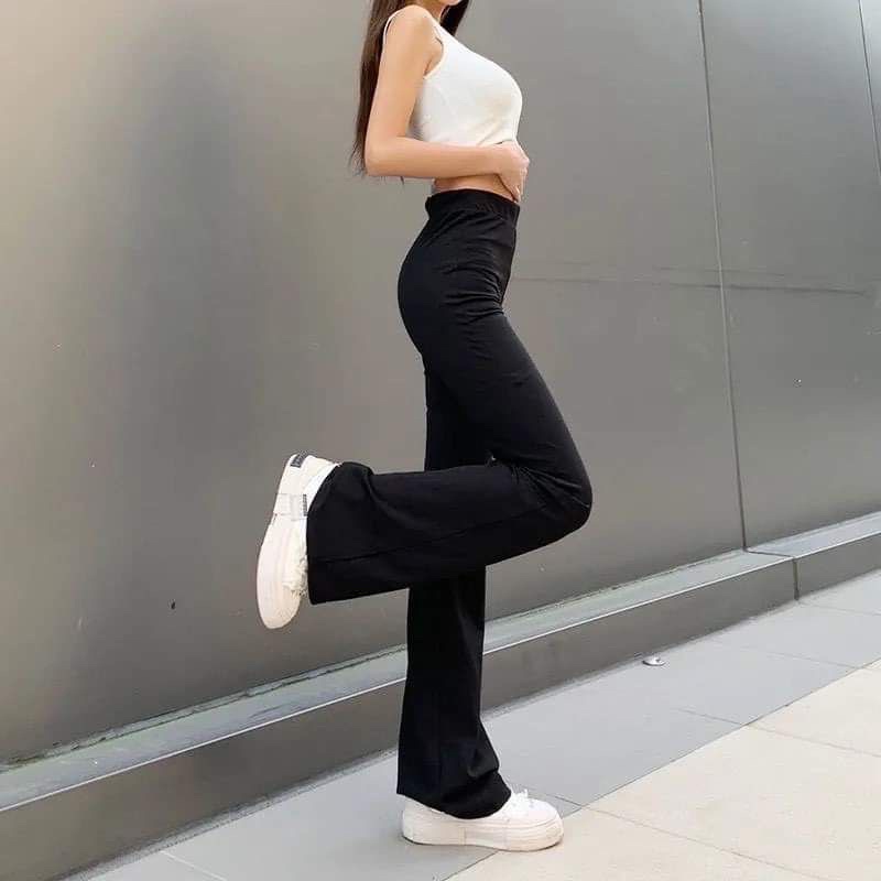 Quần ống loe nữ lưng cao vải thun cotton co dãn 4 chiều form chuẩn hack dáng, Quần legging nữ ống loe màu đen