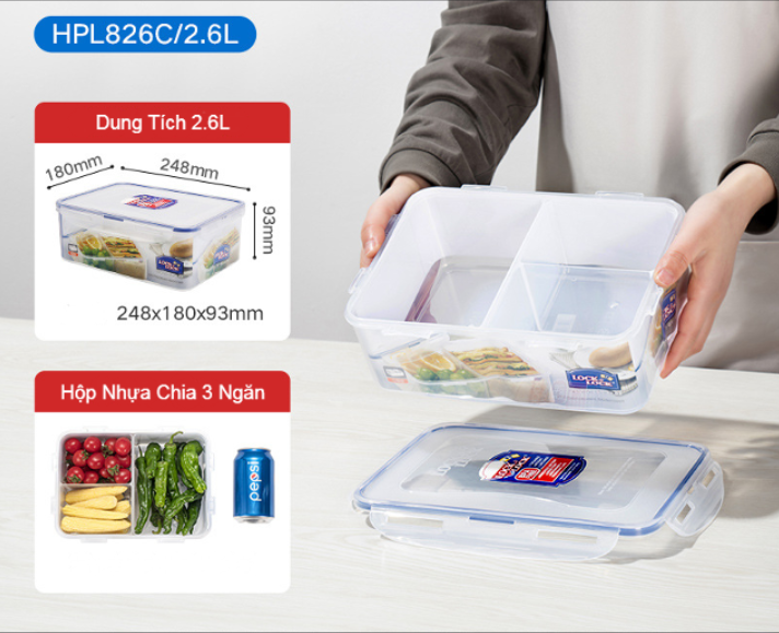 Hộp nhựa chia ngăn đựng thực phẩm lock&lock dung tích 2.6l hpl826c