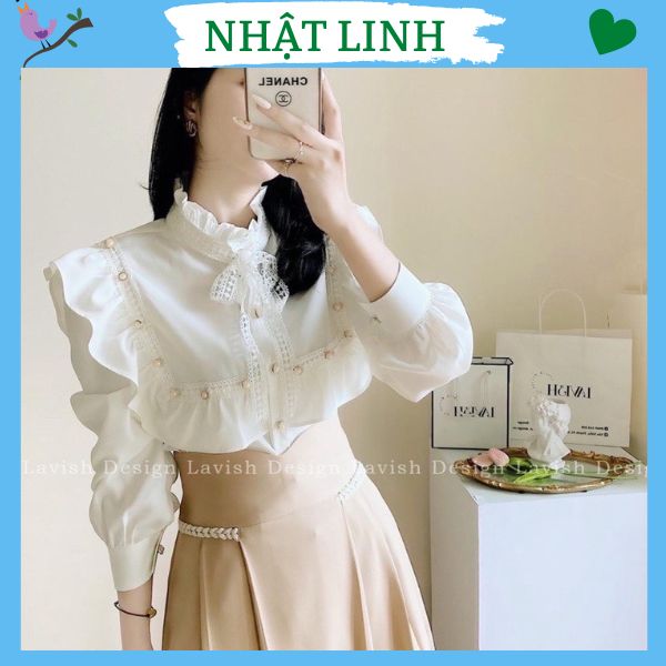 Áo kiểu nữ - áo sơ mi nữ cổ bèo phối cúc ngọc kèm nơ ren sang trọng nhật linh - a718