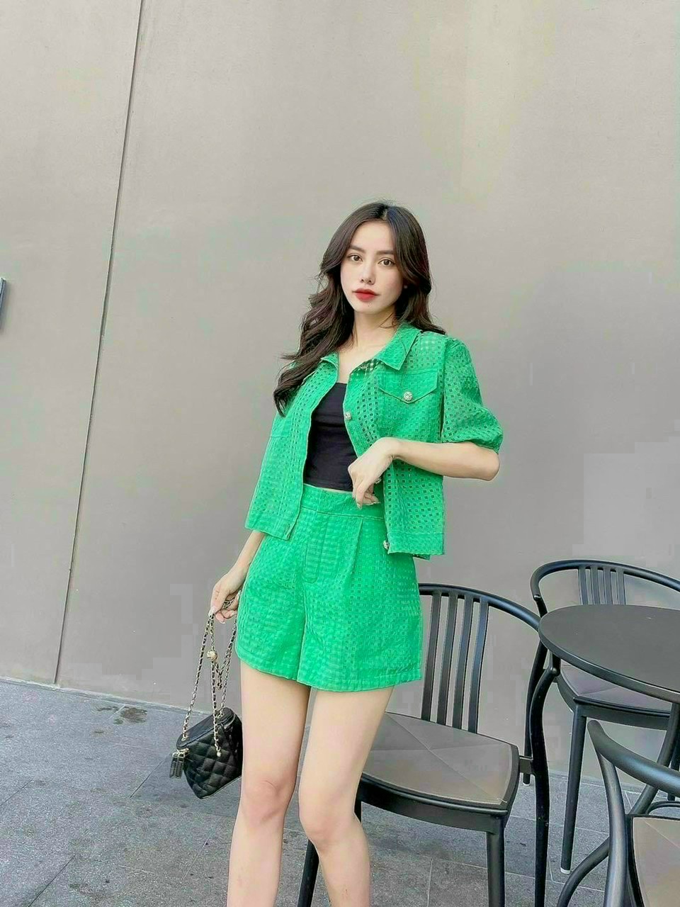 Sét 3 món áo khoác tay ngắn cổ vest kèm áo bra & quần đùi dễ thương