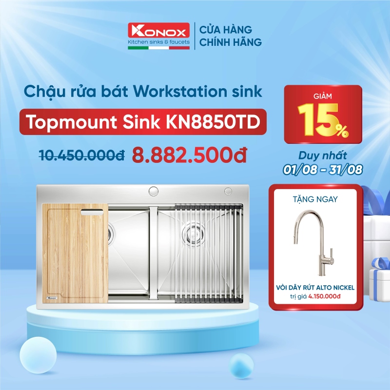 Chậu rửa bát inox 2 hố lắp dương konox kn8850td