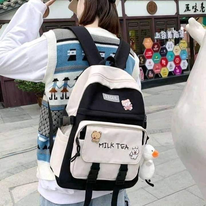 Balo milktea vải bố in sticker