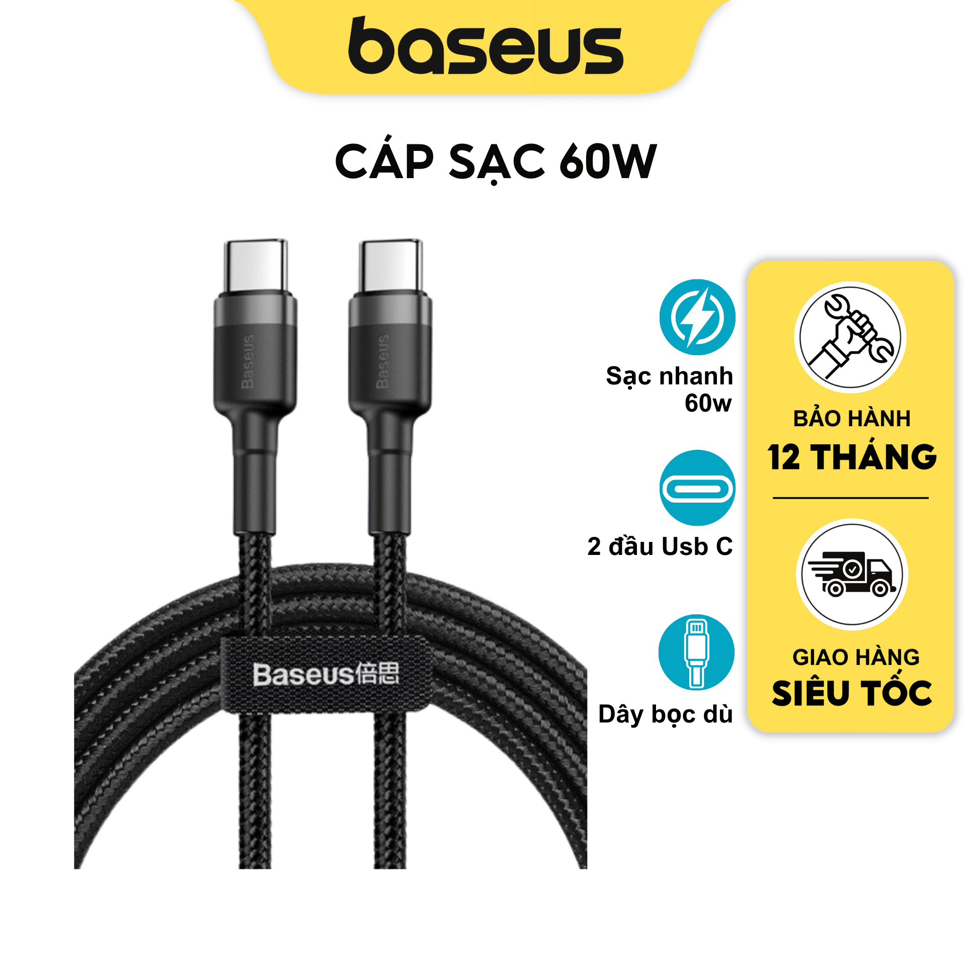 Cáp Sạc Type C To Type C Baseus Cafule dây sạc nhanh 60w cho smartphone android và máy tính bảng