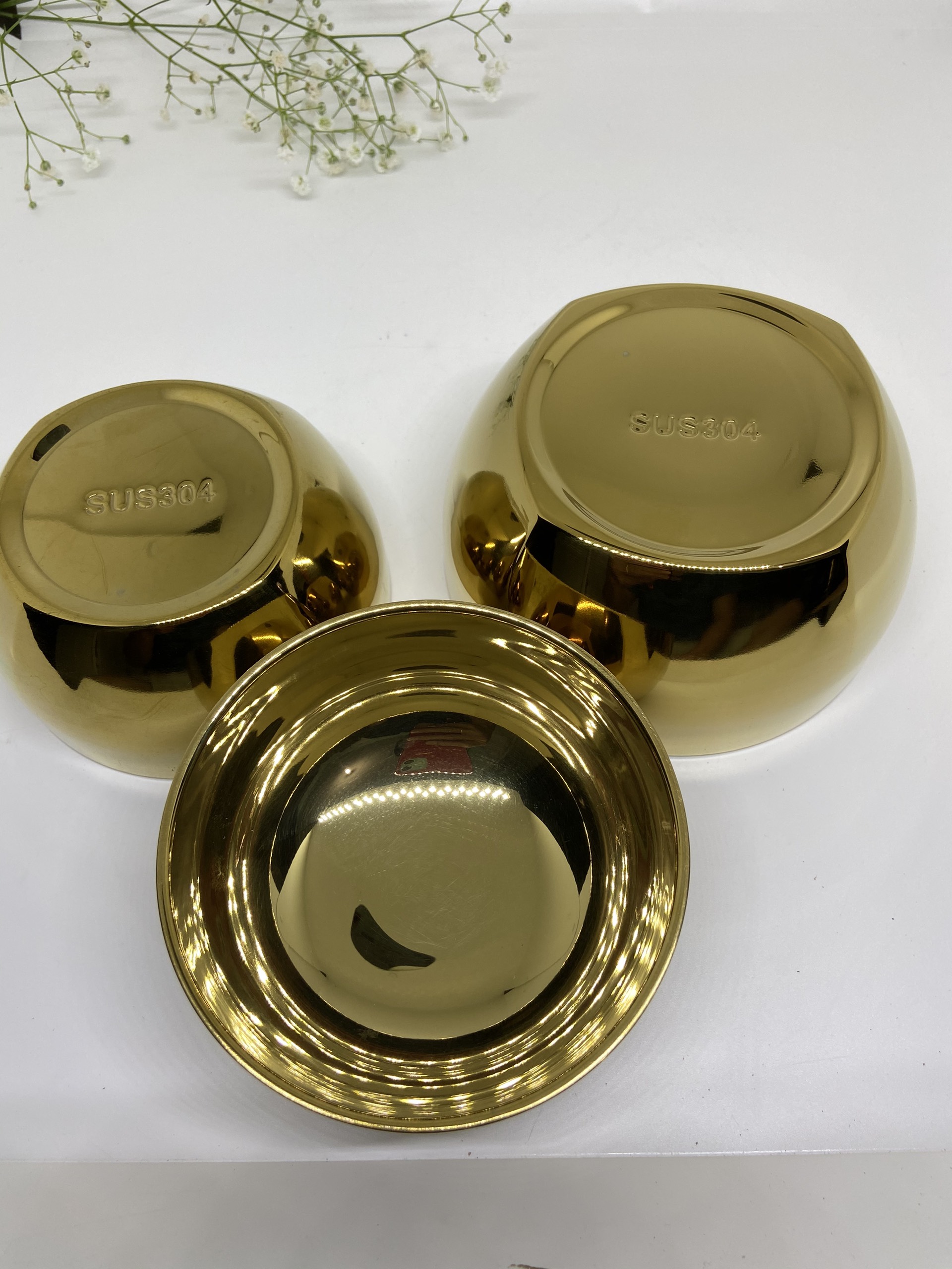 Bộ 2 chén 1 tô Inox 304 Trắng hoặc Vàng PVD titan Thailand siêu đẹp sáng bóng sang trọng an toàn vệ sinh thực phẩm Hcm