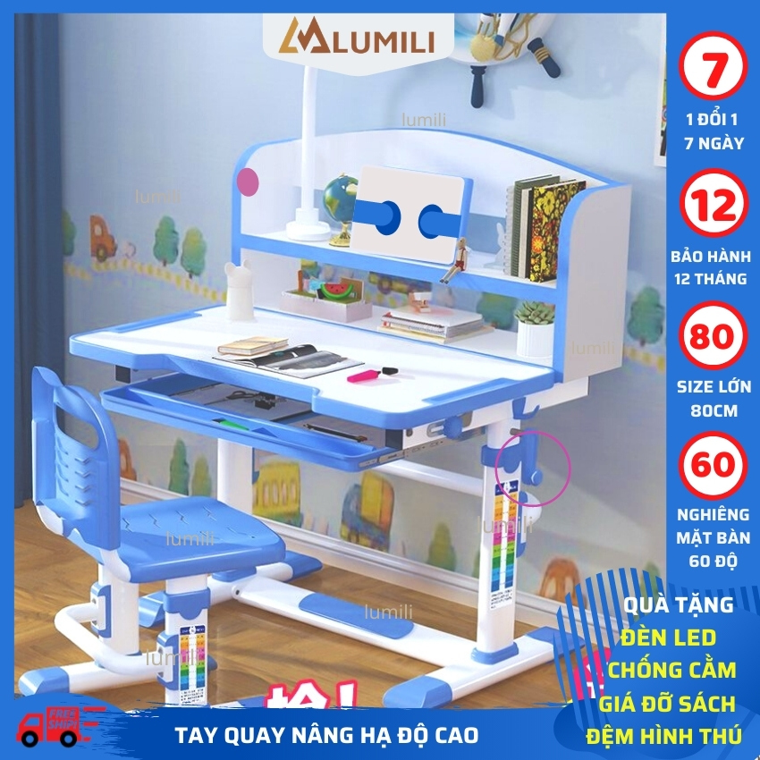 bàn học có giá sách cho bé Lumili M8 chống gù chống cận, bàn học kèm kệ sách cho bé, phù hợp cho học sinh tiểu học nâng hạ độ cao nghiêng 60 độ