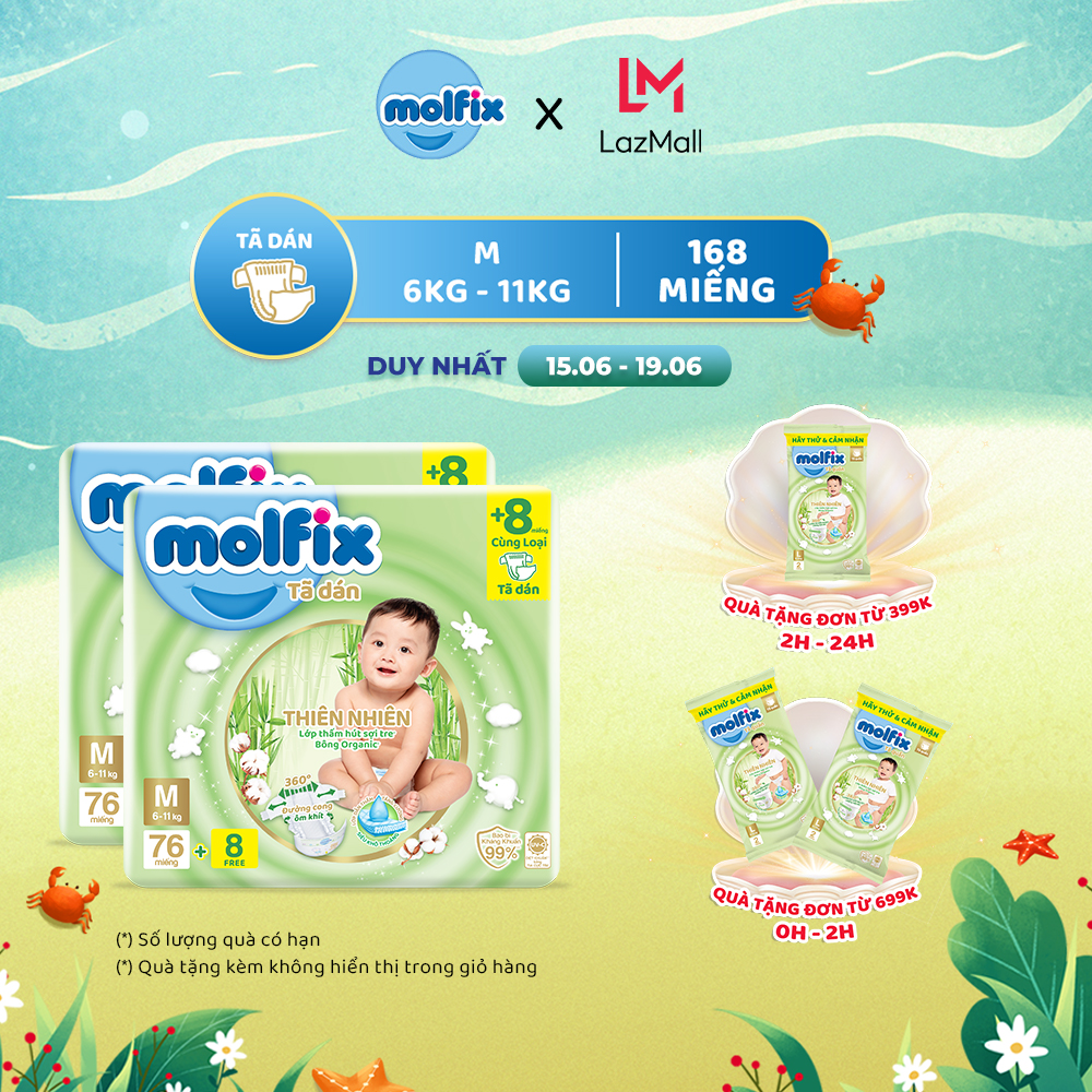 Combo 2 tã/bỉm dán moflix thiên nhiên super jumbo m - gói 76+8 miếng