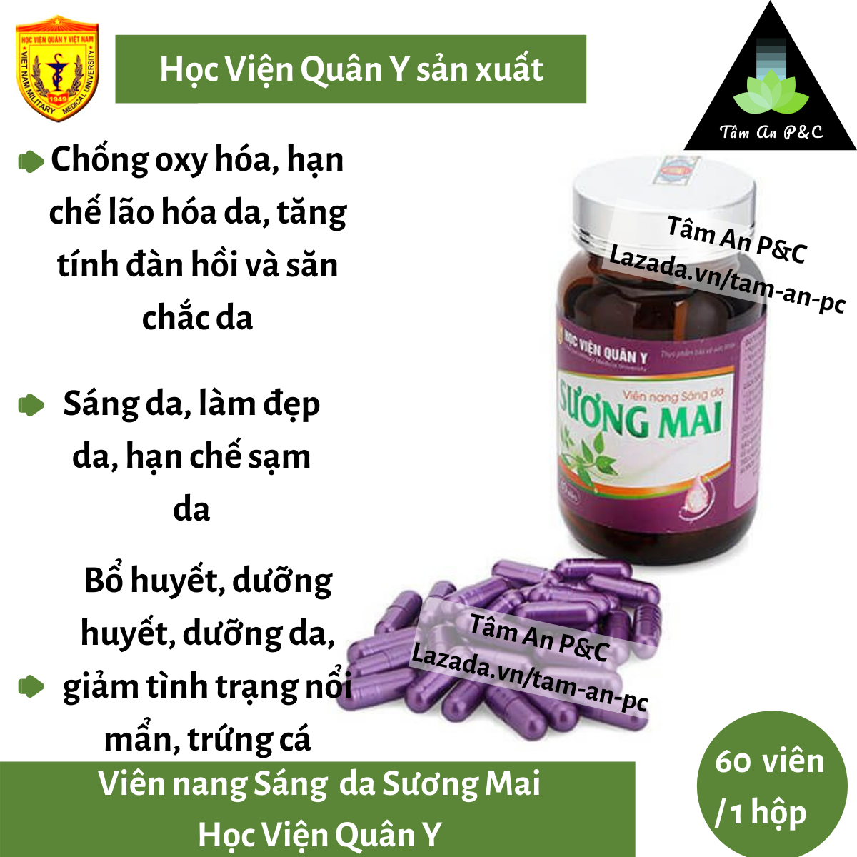 (Combo 2 Hộp) Viên uống trắng sáng da Sương Mai Học viện Quân Y- Giúp trắng da, sáng da, mịn da- CHÍNH HÃNG HỌC VIỆN QUÂN Y 2