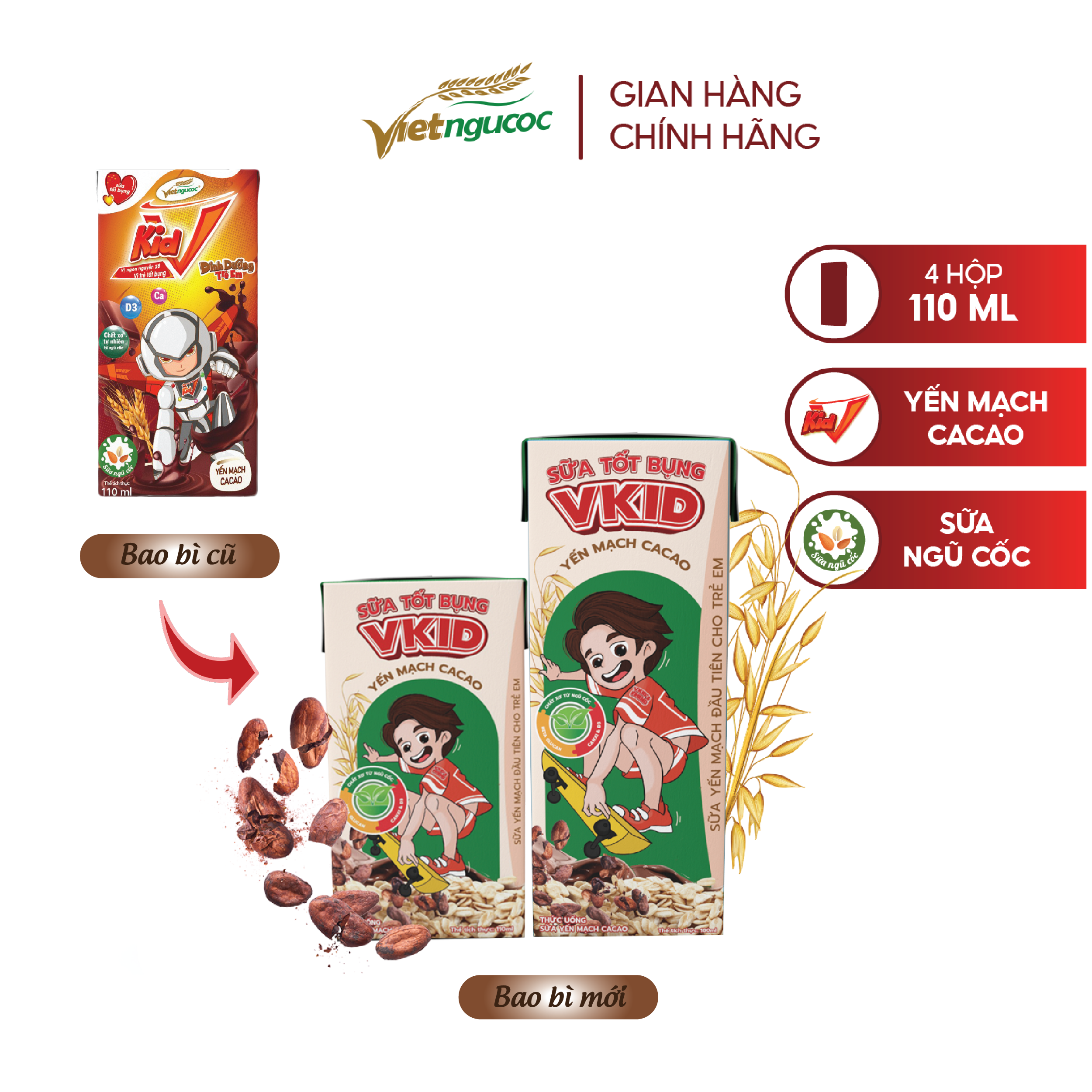 Combo 2 Lốc Sữa Tốt Bụng VKID Yến Mạch Hương Vị Cacao Thơm Ngon Cho Bé Lốc 4 Hộp 110ml