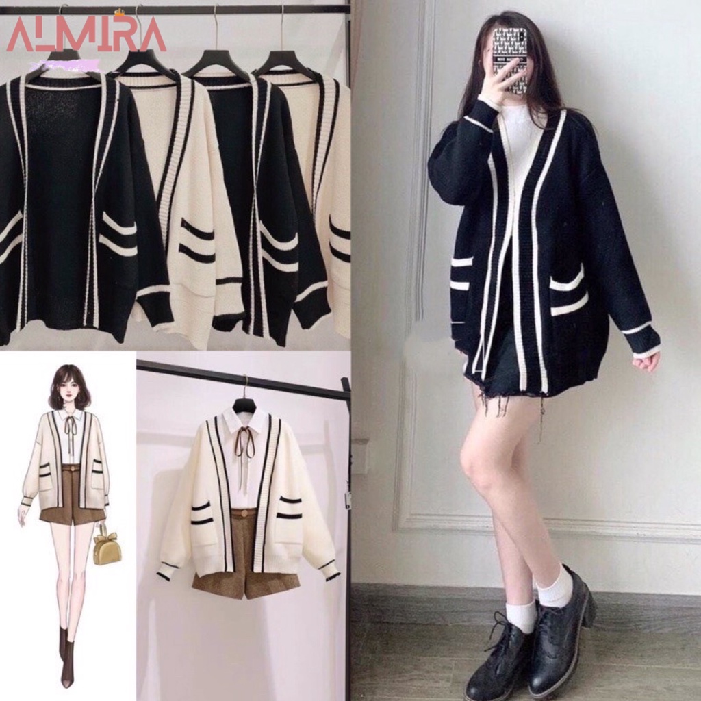 Áo khoác cardigan chất nỉ lót bông phối viền có 2 túi, áo cardigan nỉ nữ viền phông cách hàn quốc